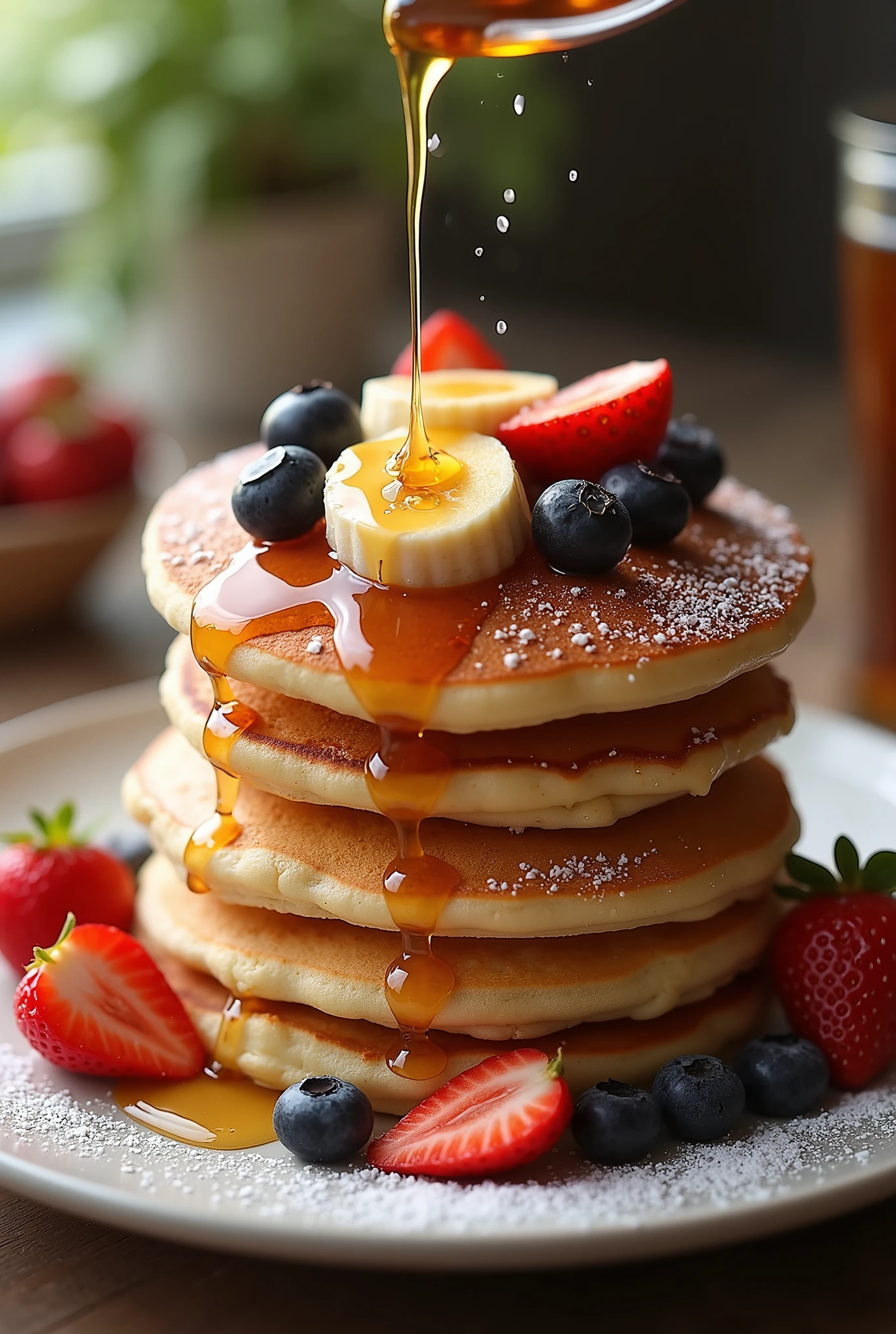and has a fluffy thickness that conveys the softness of freshly baked goods。 It's plump like a souffle pancake,evenly browned surface,
slightly crispy edges and、contrast between moist ones,sprinkled with plenty of maple syrup from above、Feeling dripping,butter placed on warm pancakes melts and spreads little by little,fruit(strawberry、 Blueberry 、A dress made of bananas and other materials)finish with powdered sugar