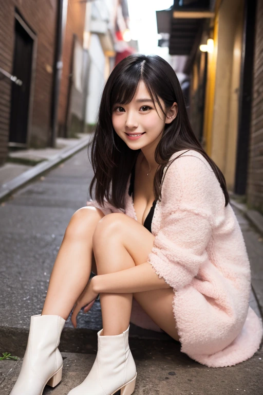 Photo taken by a professional photographer,nurse,25 year old beautiful woman,alone, Hospital corridor,Best Smile, small breasts, white trench coat nurse uniform,open clothes, slender body shape,small pink lace bra:1.5,small pink lace panties:1.5,Fancy makeup with red eyeshadow,Brown short cut with side waves,Squatting down with legs wide apart,