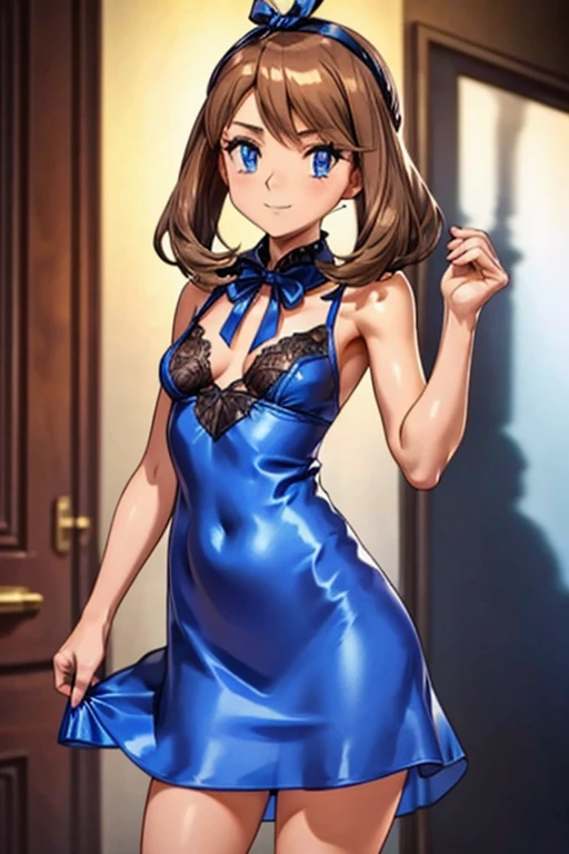 (Masterpiece, Best Quality, High Quality), cowboy shot,kousaka honoka, blue eyes,volumetric lighting, illustration, beautiful, breasts, alternate elegant hairstyle, blush, elegant skinny dress, lace straps, halter neck, jewelry, closed_mouth, diamond earrings, lace choker, lace elbow gloves,in party hall, thighs