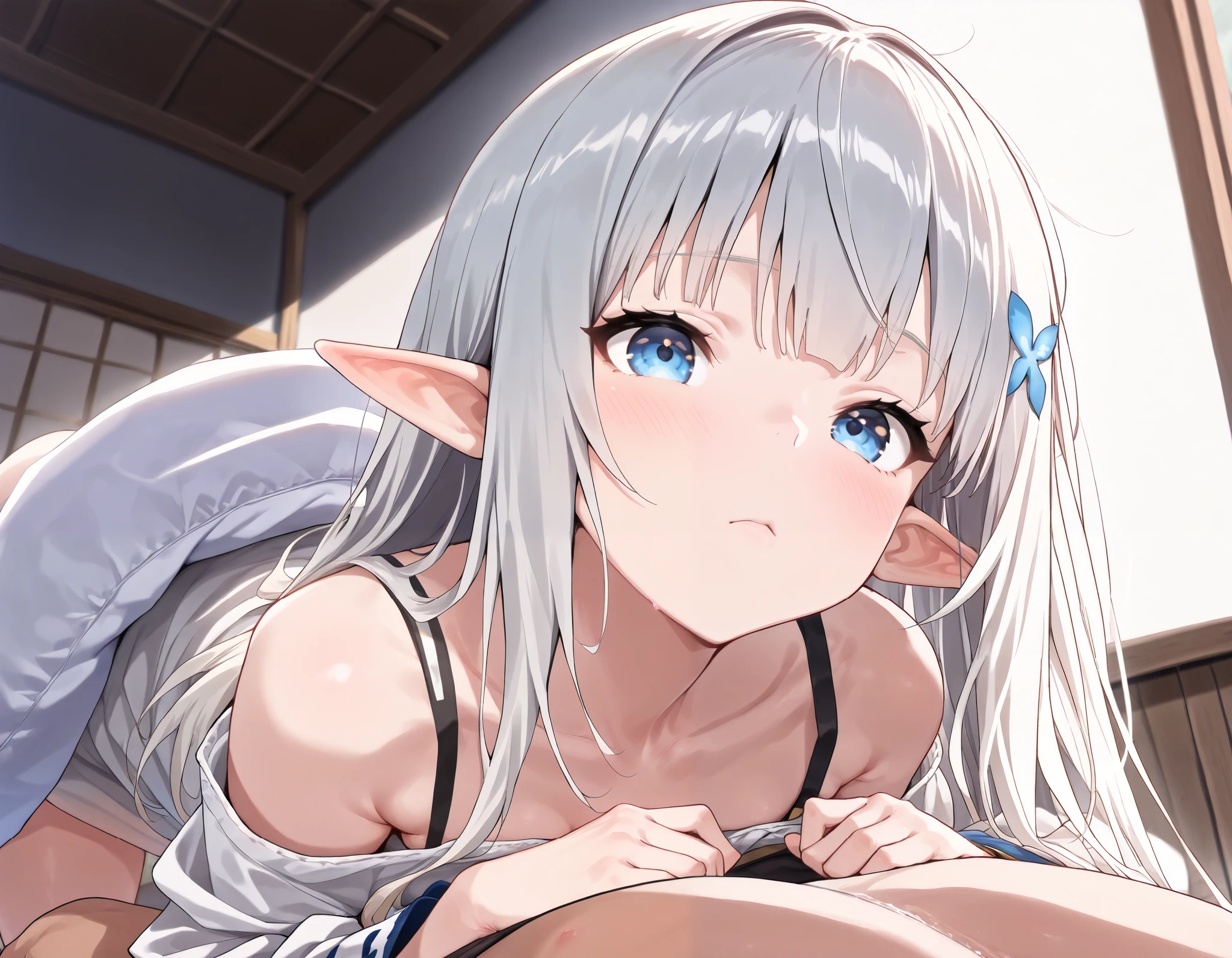 (Best Quality, Masterpiece),sexy,  erotic, 1girl, 18 years old, Contempt, pride, long silver hair, ((green eyes)), looking up, medival tabern, sweat, ((blowjob)), penis, man, dick, cumming, (((nude))), official outfit, ((suspicious expresion)), elf ears, ponytails