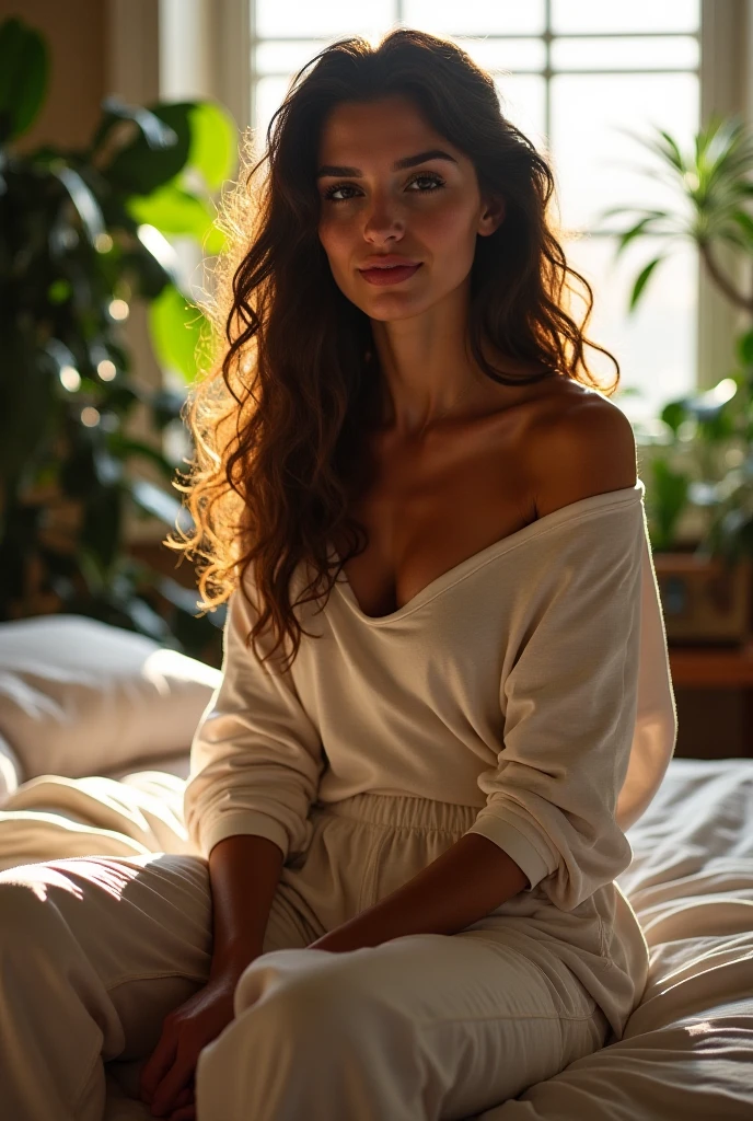 (photorealism:1.2), beautiful woman, sitting on bed, wearing loose off-shoulder top, pajama pants, long curly hair, indoors, soft lighting, plants in background, window with sunlight, cozy room, relaxed pose, realistic, intricate details, warm colors, by Greg Rutkowski, by Alphonse Mucha