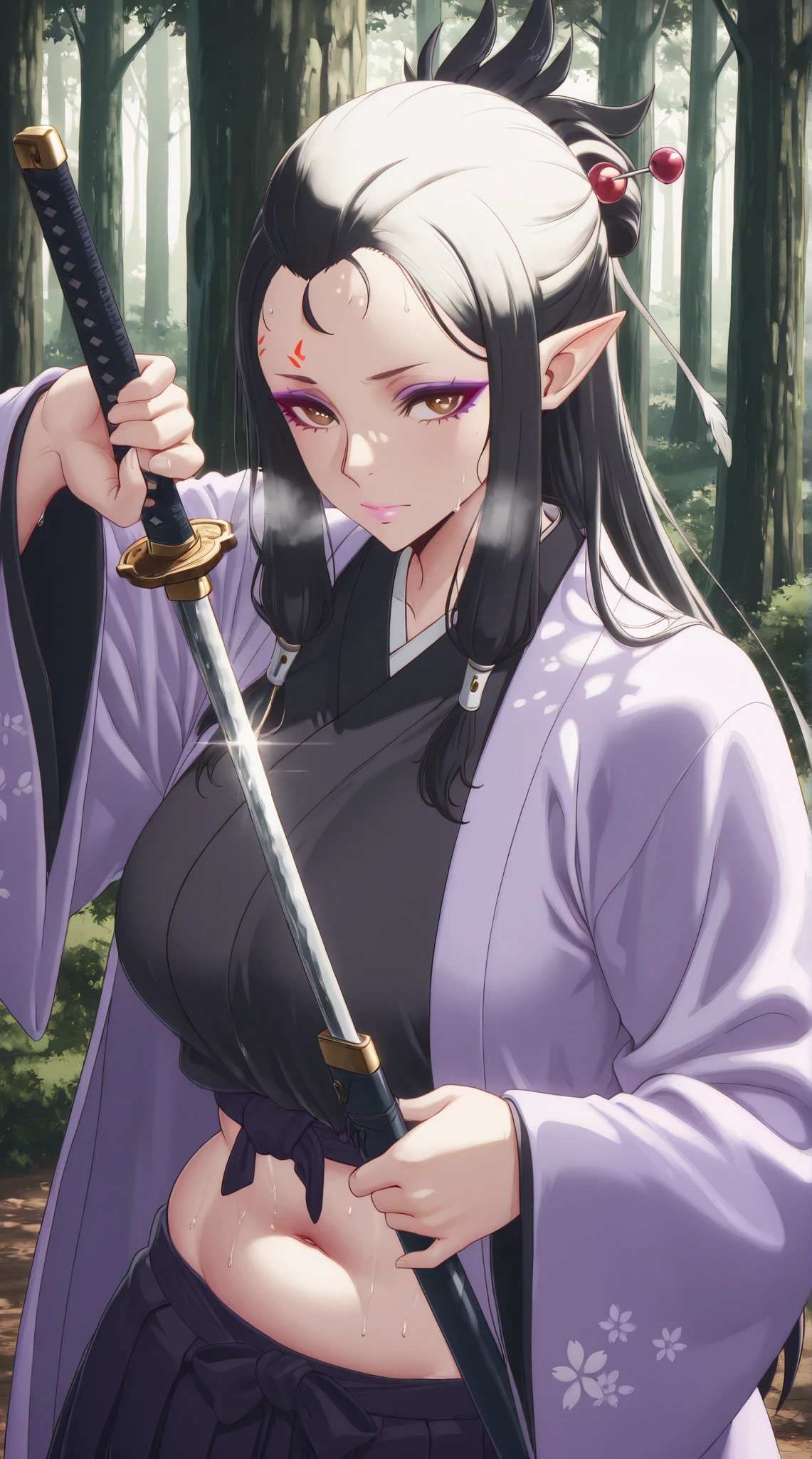 MelowhStyle, anime coloring, anime screencap, anime-style detailed background, vignetting, masterpiece, high quality, absurdres, best quality, very aesthetic, newest, dynamic composition, anatomical correct, HD, 4K, digital art, trending on ArtStation, perfect body, perfect eyes, perfect fingers, gasping, heavy breathing, excessive sweating, sweating, sweating profusely, gasping profusely, cinematic, ((skindentation)), ((curvy)), KJOtfm, elf, pointy ears, black hair, brown eyes, hair tubes, half updo, hairpin, feather hair ornament, long hair, forehead mark, purple eyeshadow, pink lips, big nose, bright pupils, ((flabby stomach)), plump, pointing breasts, 1girl, weapon, japanese_clothes, sword, solo, unsheathing, holding, holding_weapon, katana, kimono, looking_at_viewer, forest, nature, holding_sword, sheath, haori, sleeves_past_wrists, outdoors, hakama, closed_mouth, black_kimono, long_sleeves, skirt, wide_sleeves, hakama_skirt, tree, glint