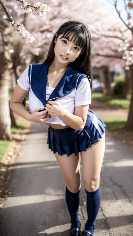 highest resolution, 4k, masterpiece: 1.3), high school girl,uniform、one piece、18-year-old、 photo of a woman, sexy: 1.1, ((Beautiful posture))、Big eyes, cleavage、thighs, Smiling with white teeth、fresh, double eyelid, (Full Body),((Short Tail)) highest quality, be familiar with, beauty, adorable、 full body shot