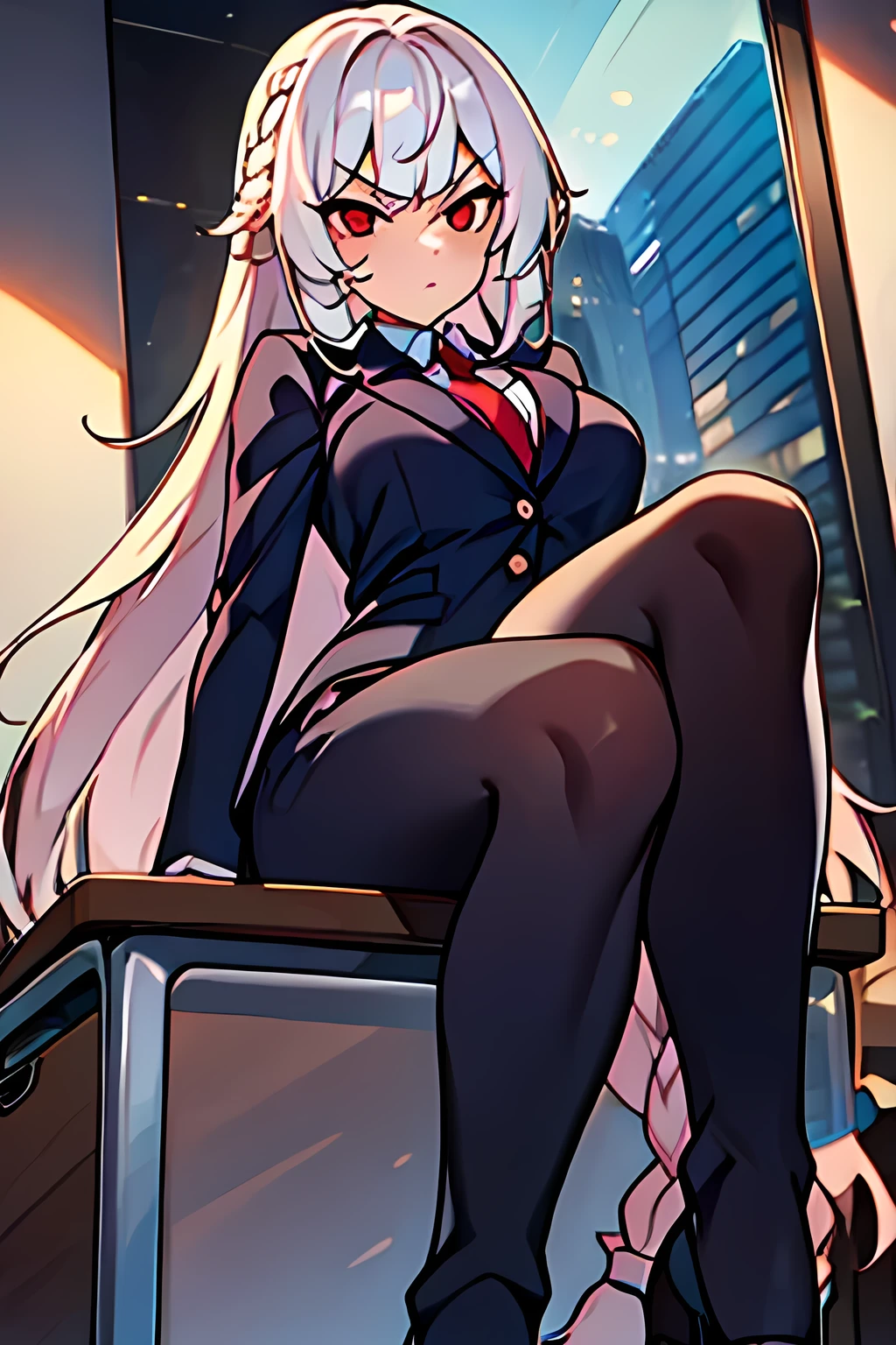 Woman, long braided white hair, red eyes, wearing a business suit, sitting at a desk, looking serious