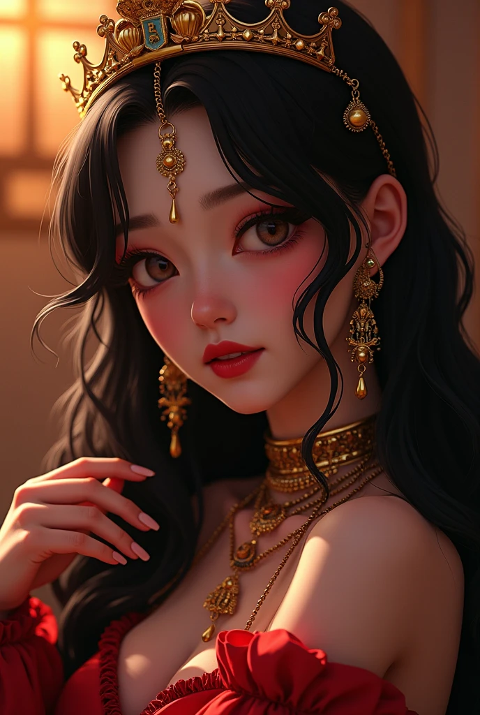 Amazing portrait of a sexy woman with a beautiful face having long straight black hair with detailed eyes and detailed lips wearing some elegant earrings and a navy blue saree with silver embroidery as she's seductively gazing and smiling and blushing intensely with a perfect and hot body
