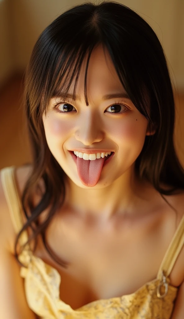 (highest quality、Tabletop、8k、Best image quality、Award-winning works)、1. Cute girl、(Fluffy and elegant white V-neck cardigan:1.1)、(An elegant cardigan with a very smooth and fine texture.:1.1)、Perfect girl portrait photo、Glowing Skin、Brown Hair、(Cleavage:1.1)、Standing Elegantly、Small face、(Big beautiful eyes:1.1)、(Face close-up:1.1)、(Open your mouth and stick out your tongue:1.2)、(Perfect beautiful tongue:1.2)、Cute Smile、(The simplest beige background:1.1)
