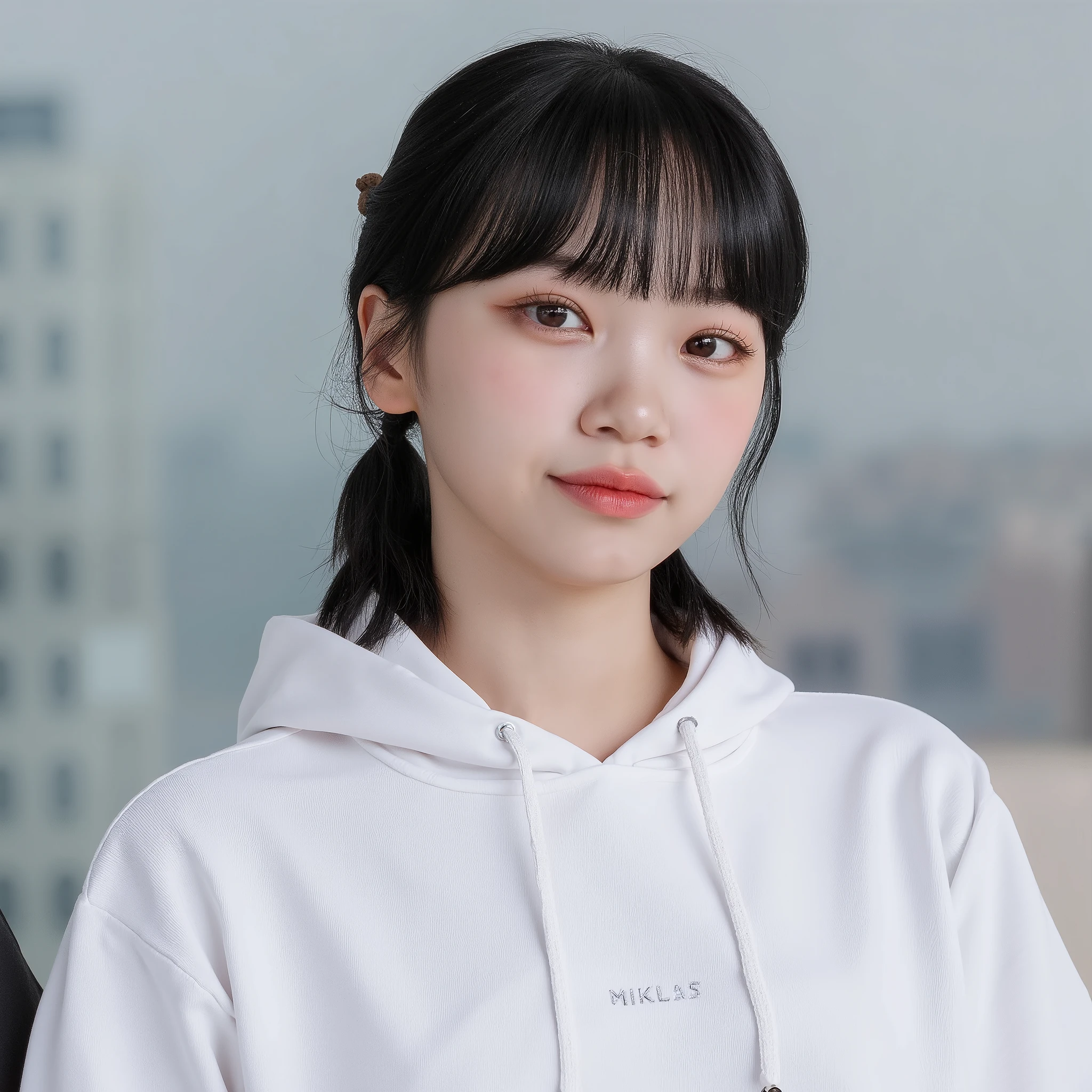 Owl female photo , Nike hoodie with bangs , thin body, pale skin, slim body, black hair with bangs