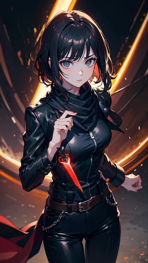 young girl, short black hair, Green eyes, angry, superhero, Spawn of Hell, black catsuit, White Elements, red coat, Demonic Chains, hiquality, 4k, HD, Good detail