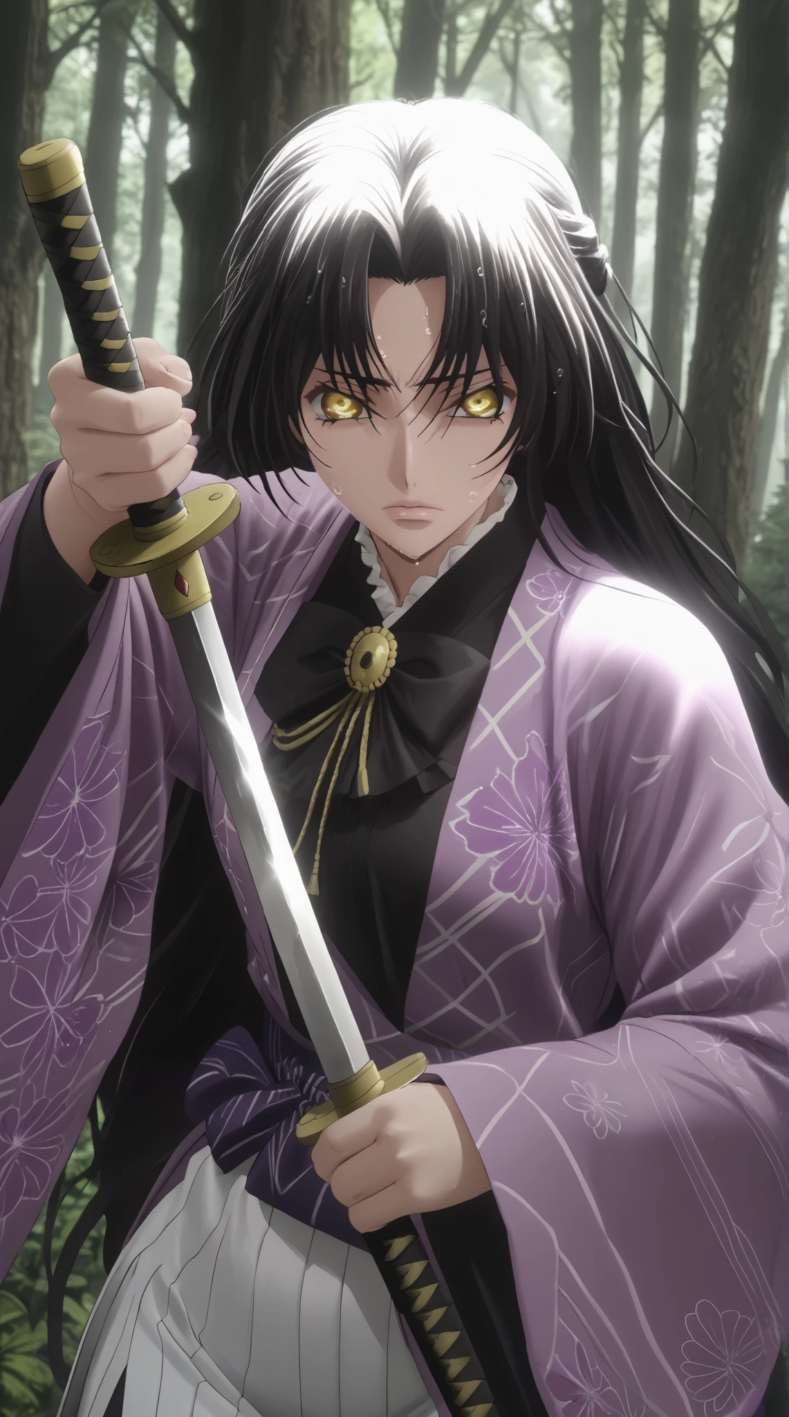 perfect eyes, perfect fingers, gasping, heavy breathing, excessive sweating, sweating, sweating profusely, gasping profusely, cinematic, ((skindentation)), ((curvy)), dominique de sade, long hair, black hair, parted bangs, yellow eyes, bright pupils, ((flabby stomach)), plump, BREAK Anime Style, Manga Style, Hand drawn, cinematic, Sharp focus, humorous illustration, big depth of field, Masterpiece, concept art, trending on artstation, Vivid colors, Simplified style, trending on ArtStation, trending on CGSociety, Intricate, Vibrant colors, Soft Shading, Simplistic Features, Sharp Angles, Playful, excessive sweating, sweating profusely, sweating drop BREAK, pointing breasts, 1girl, weapon, japanese_clothes, sword, solo, unsheathing, holding, holding_weapon, katana, kimono, looking_at_viewer, forest, nature, holding_sword, sheath, haori, sleeves_past_wrists, outdoors, hakama, closed_mouth, black_kimono, long_sleeves, skirt, wide_sleeves, hakama_skirt, tree, glint
