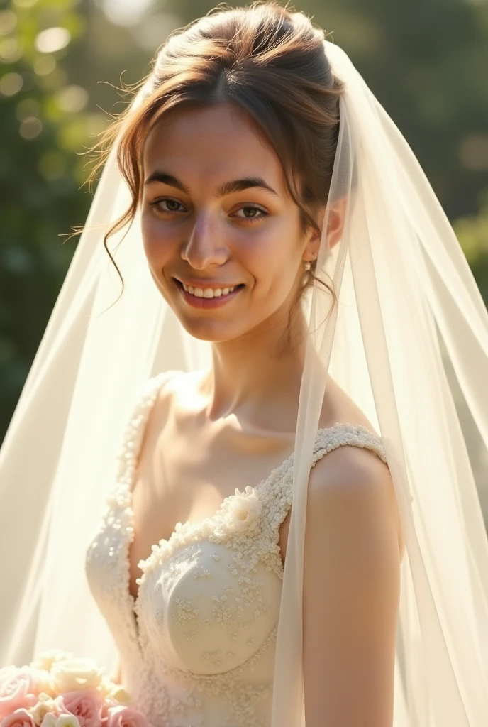 perfectly fitting her ring finger. The groom is holding her hand, and both are looking at the ring. The atmosphere is bright and romantic, with a bouquet of white roses in the background. The scene exudes happiness and love., light brown hair, jewelry, closed eyes, lens flare, cinematic lighting, textured skin, super detail