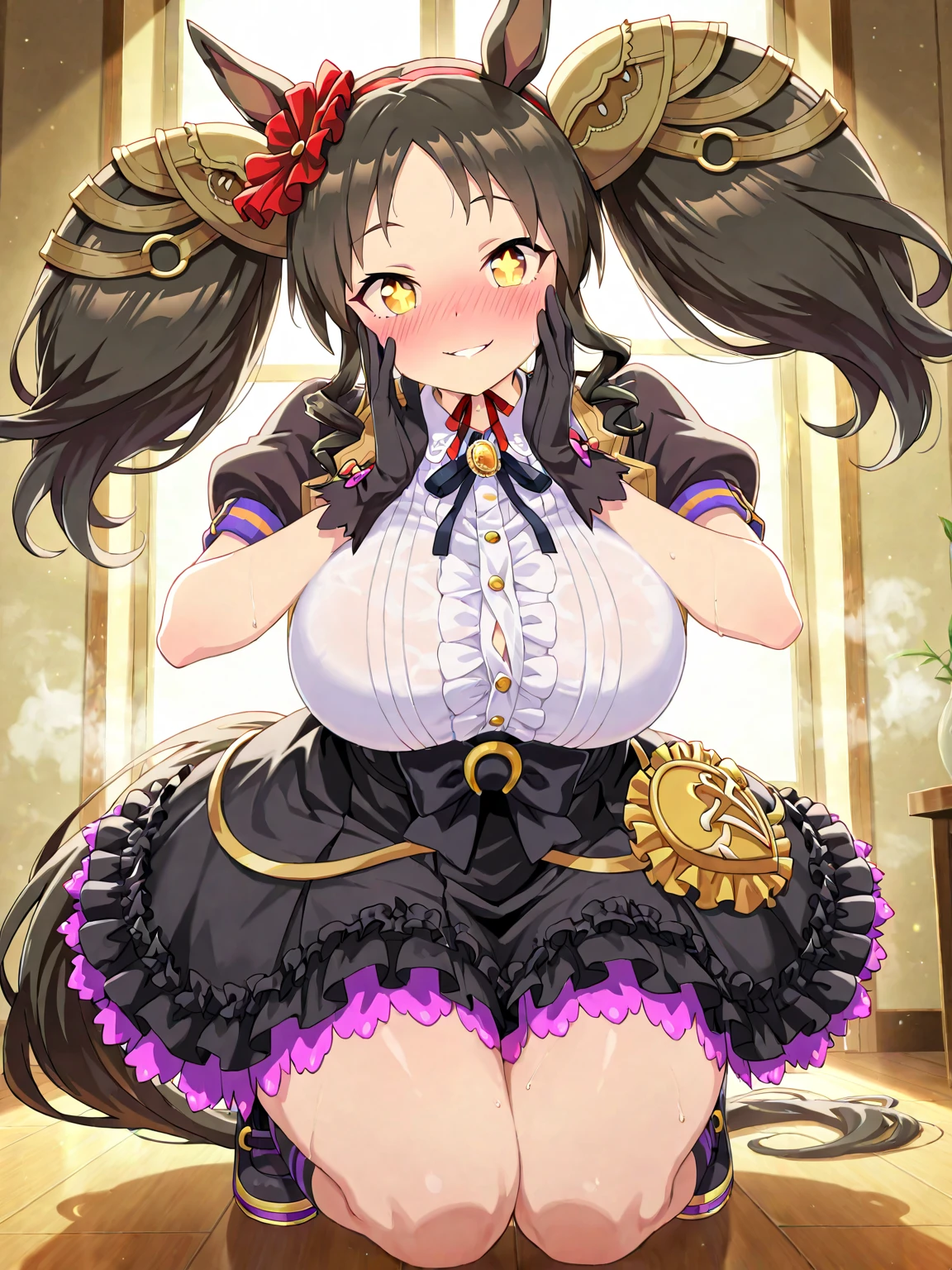 highest quality,wonderful,finely,extremely detailed CG Unity 8K wallpaper, (1 Girl,Black Hair, Purple Eyes,long hair), (gigantic breasts:1.2), (wariza:1.4), ((cow print, micro bikini:1.1), (Underboob:1.2), (open mouth), (embarrassed), (zettai ryouiki:1.2),(Waistline:1.2),(from above:1.2)