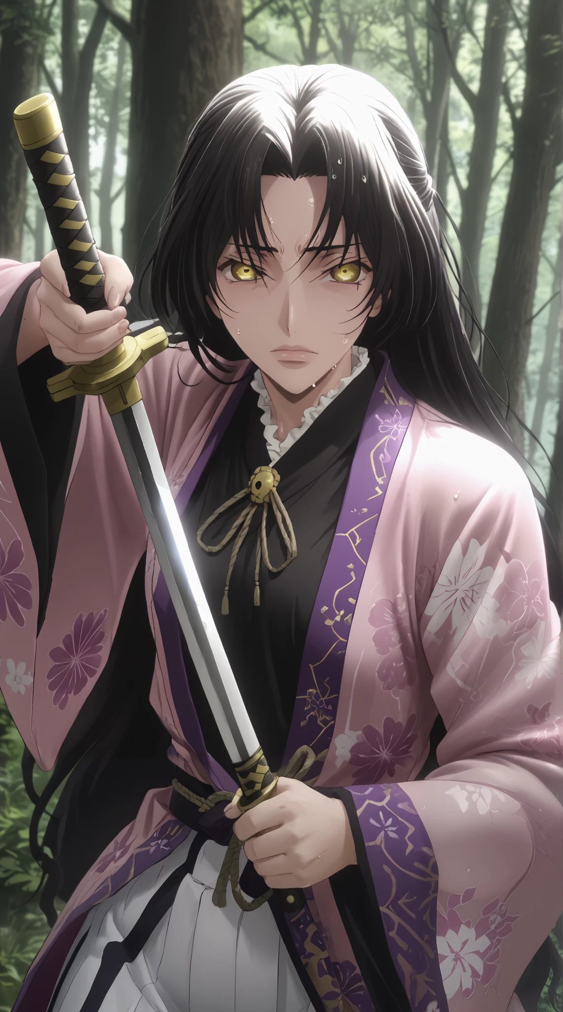 perfect eyes, perfect fingers, gasping, heavy breathing, excessive sweating, sweating, sweating profusely, gasping profusely, cinematic, ((skindentation)), ((curvy)), dominique de sade, long hair, black hair, parted bangs, yellow eyes, bright pupils, ((flabby stomach)), plump, BREAK Anime Style, Manga Style, Hand drawn, cinematic, Sharp focus, humorous illustration, big depth of field, Masterpiece, concept art, trending on artstation, Vivid colors, Simplified style, trending on ArtStation, trending on CGSociety, Intricate, Vibrant colors, Soft Shading, Simplistic Features, Sharp Angles, Playful, excessive sweating, sweating profusely, sweating drop BREAK, pointing breasts, 1girl, weapon, japanese_clothes, sword, solo, unsheathing, holding, holding_weapon, katana, kimono, looking_at_viewer, forest, nature, holding_sword, sheath, haori, sleeves_past_wrists, outdoors, hakama, closed_mouth, black_kimono, long_sleeves, skirt, wide_sleeves, hakama_skirt, tree, glint