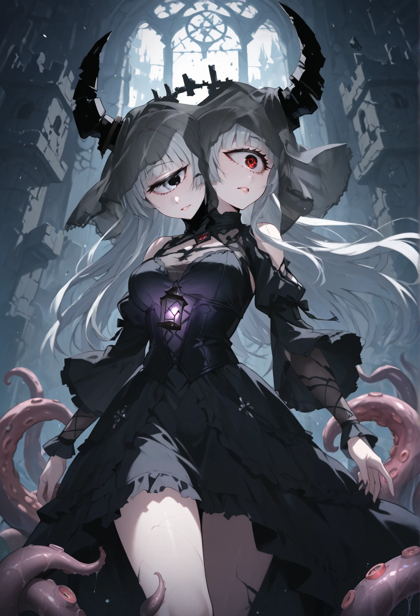 Two-headed woman. ((Twin heads)) ((Cyclops Eye)) Silver hair. Long hair. Gothic dress. Black and white dress. Horns on her head. Mono-eye. Veil. Tentacles from behind. Tentacles with mouths. Lantern. A broken castle. Ruins.