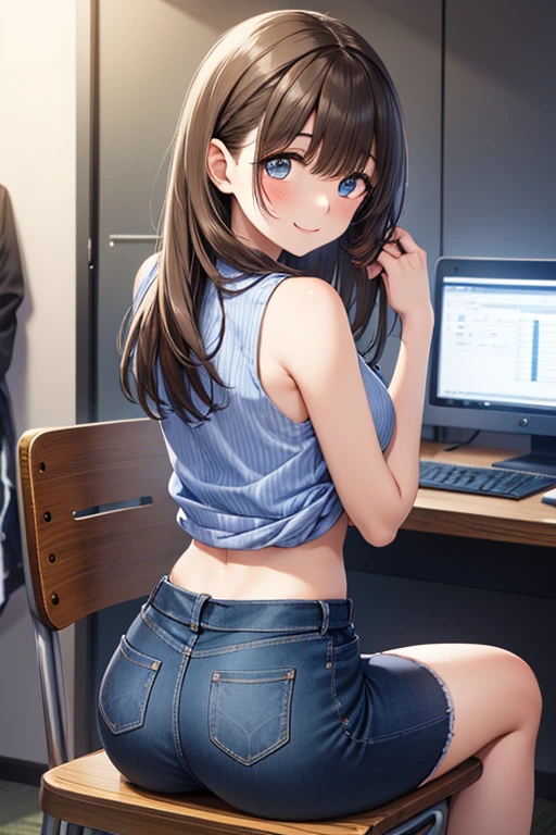 Anime girl with cat ears entering a room with a laptop, anime girl, inside a room, study desk, window with a tree, she is looking for something, t-shirt with a cat print, cat girl, oversized white t-shirt, (panties, (panties with drawings of kittens and a bow in the middle:1.4)), smiling, dark brown hair, bangs, long hair, side swept bangs, wavy hair, tousled hair, shiny hair, braided bangs, hairclip, aqua eyes, glowing eyes, pupils sparkling, cat ears, bright pupils, serious, glossy lips, big round breasts, defined and full body, slim legs, beautiful thighs, high detail, anime, cinematic lighting, image fill, from behind, from above, from side, seen at all angles from behind, wide shot, panorama, caustics, Wide-Angle, f/1.8, 85mm, Fujifilm, 8k, super detail, UHD, retina, masterpiece, accurate, anatomically correct, textured skin, highres, best quality