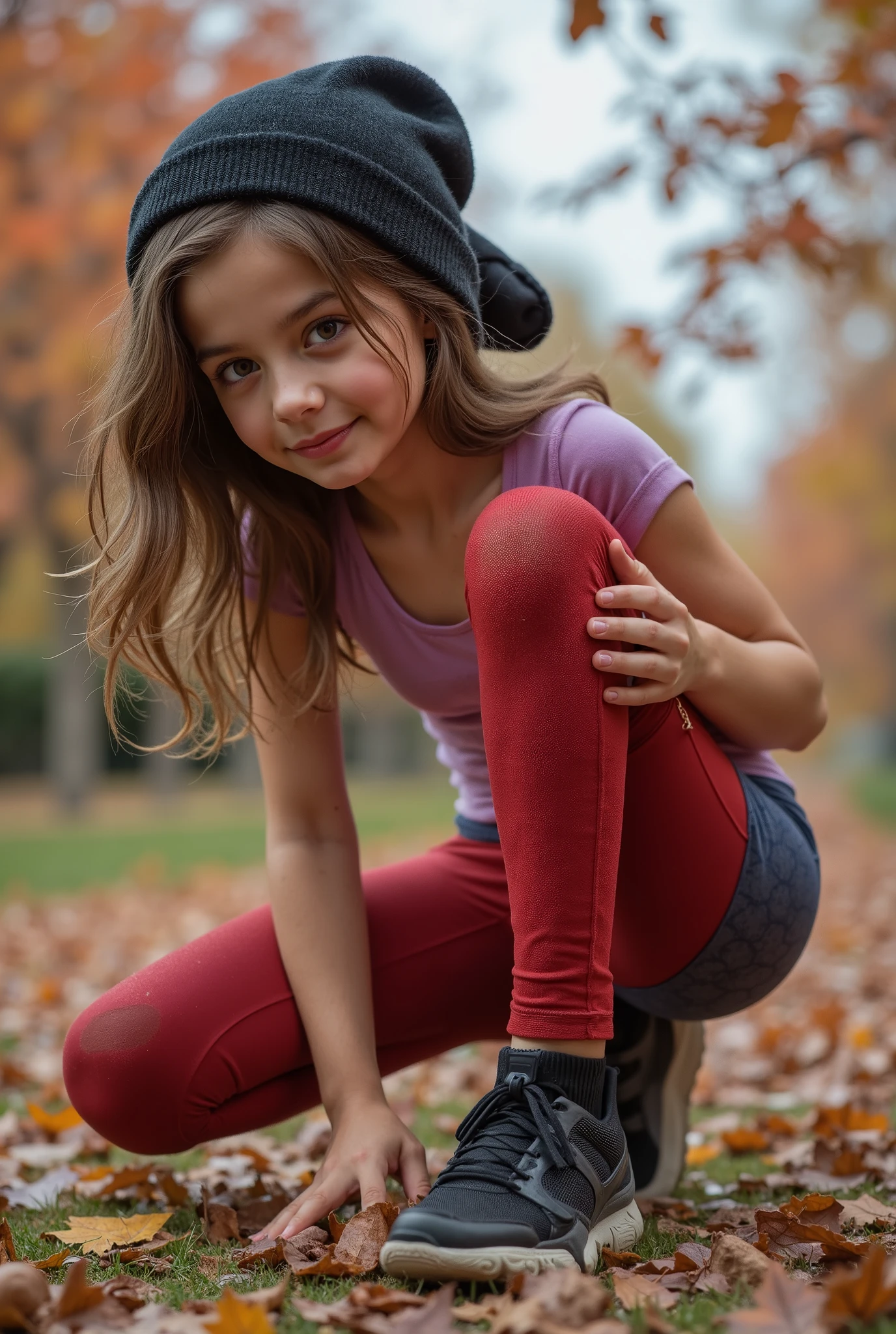 young woman in leggings is crouching, best quality, detailed skin texture, epic lighting