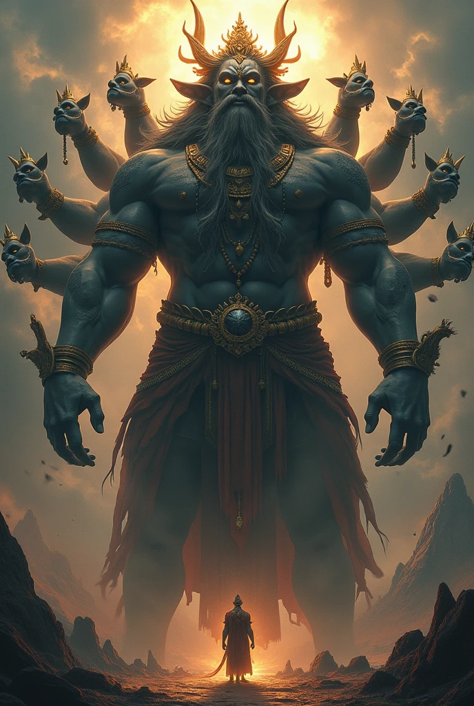 In cinematic 3D cartoon style " depict Ravana as a towering figure with multiple heads and arms,
