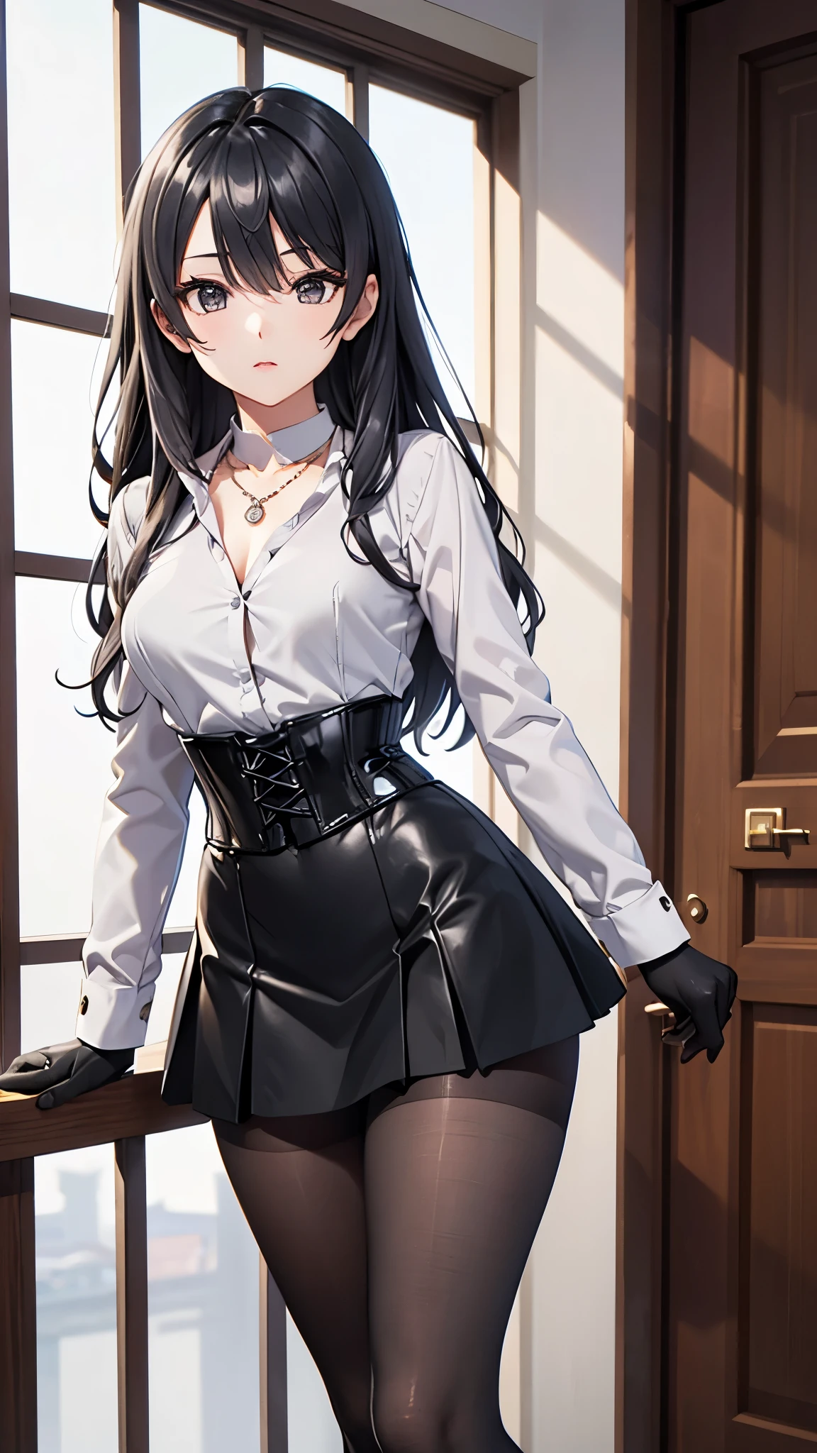 ((8K)), masterpiece, 1 girl, of foot, (black necklace surrounding her neck), (pantyhose), ((Base gray )), medium breasts, ((Base gray )), ( very high image quality ), (Fine and detailed eyes and detailed face:1.3), (extremely fine and beautiful:1.1), (perfect details:1.1), (black eyes), long black hair, ((white long sleeve shirt)), (black gloves ) , (black leather corset), (( short black skirts )), elegant room , at night