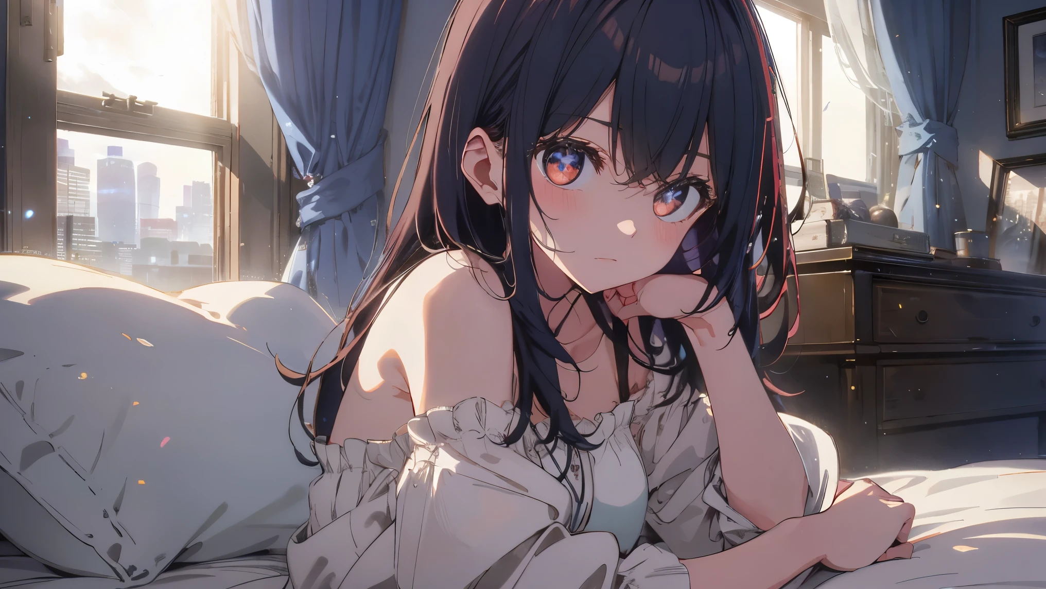 (Top quality illustrations:1.2), (pretty girl:1.1), (1 girl、17 years old、Top quality illustrations:1.2), (1 girl、Beautiful breasts、Highly detailed eyes:1.2)、Bright blue hair、Short Bob Hair、 {Camisole dress}, Blue eyes, Medium chest、Cowboy Shot、Morning bedroom、On the bed, On all fours、from behind, hip focus, looking around