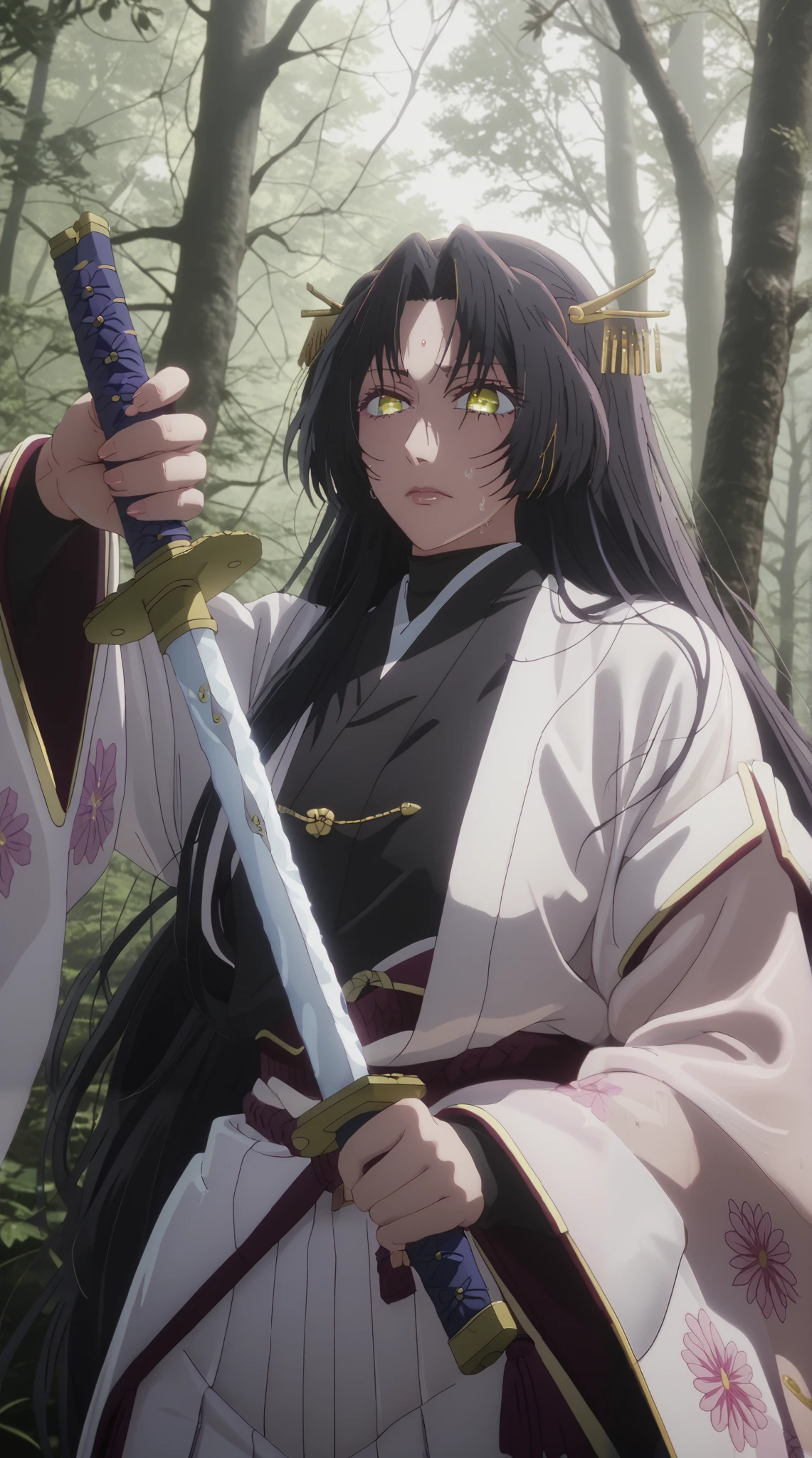 (gogalking-style:1.4), perfect eyes, perfect fingers, gasping, heavy breathing, excessive sweating, sweating, sweating profusely, gasping profusely, cinematic, ((skindentation)), ((curvy)), dominique de sade, long hair, black hair, parted bangs, yellow eyes, bright pupils, ((flabby stomach)), plump, BREAK Anime Style, Manga Style, Hand drawn, cinematic, Sharp focus, humorous illustration, big depth of field, Masterpiece, concept art, trending on artstation, Vivid colors, Simplified style, trending on ArtStation, trending on CGSociety, Intricate, Vibrant colors, Soft Shading, Simplistic Features, Sharp Angles, Playful, excessive sweating, sweating profusely, sweating drop BREAK, pointing breasts, 1girl, weapon, japanese_clothes, sword, solo, unsheathing, holding, holding_weapon, katana, kimono, looking_at_viewer, forest, nature, holding_sword, sheath, haori, sleeves_past_wrists, outdoors, hakama, closed_mouth, black_kimono, long_sleeves, skirt, wide_sleeves, hakama_skirt, tree, glint