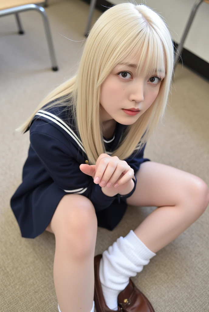 Her windblown blonde hair obscures her pretty face..、Bangs that flow between the eyes、Sexy big 、16 year old cute little smile、Shiny, bright, straight, super long blonde hair、Cute and beautiful long, smooth bangs covering the area between the eyes、Long, straight, silky hair、sexy and cute beautiful young girl、clear, white and Shiny skin、Shiny skin、Beautiful Face、Beautiful brown eyes that shine so brightly、Very big eyes、Small Face Beauty、Perfect beauty、(Full body 2:1)、(high school girl)、Squatting on the steps of the park、Shot from below、uniform、Sailor suit、Short sleeves、Navy blue short skirt、Navy blue knee socks、Her white pants are slightly visible、Sexy pose、gravure、 information