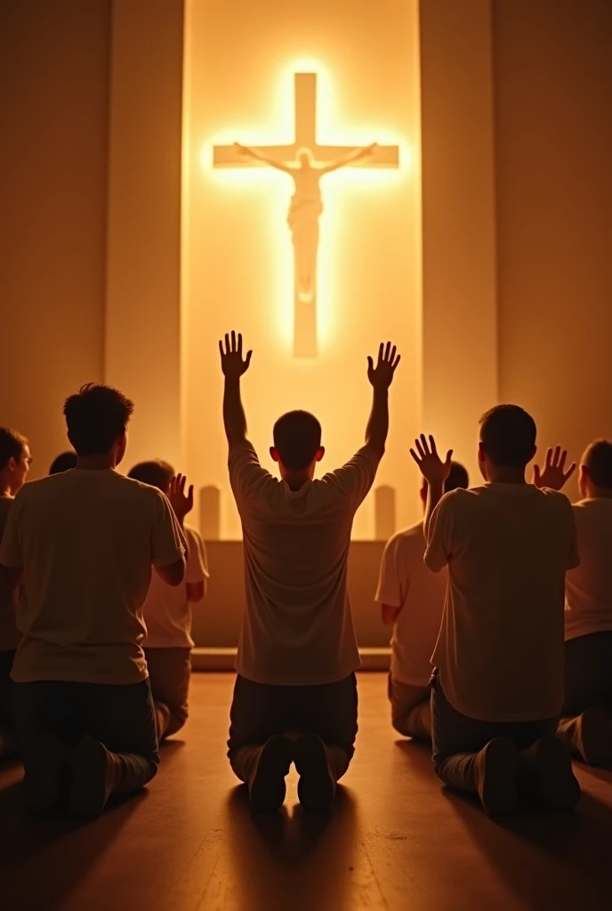 Jesus and the 12 apostles kneeling on their backs saying prayers