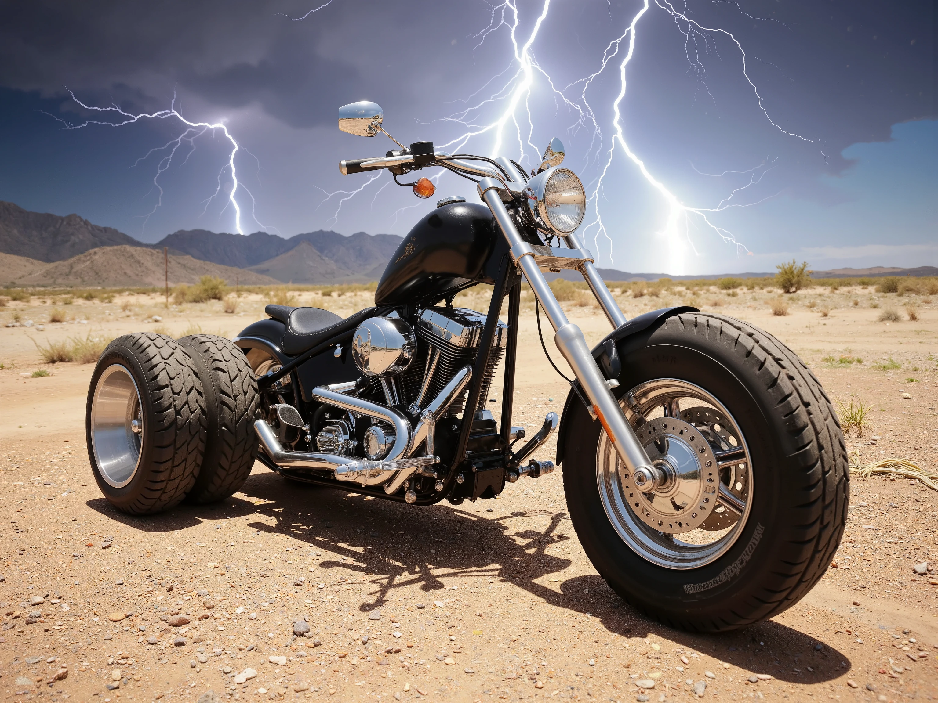 Create a photo-realistic image of an extreme, vintage, monster chopper. It has extreme tires with polished chrome rims. The engine and exhaust are designed in chrome. The midday sun shows the black and chrome chopper design . The sky is extreme in color, with lightning bolts and strikes throughout the scene. The backdrop is a sunny, southwestern desert