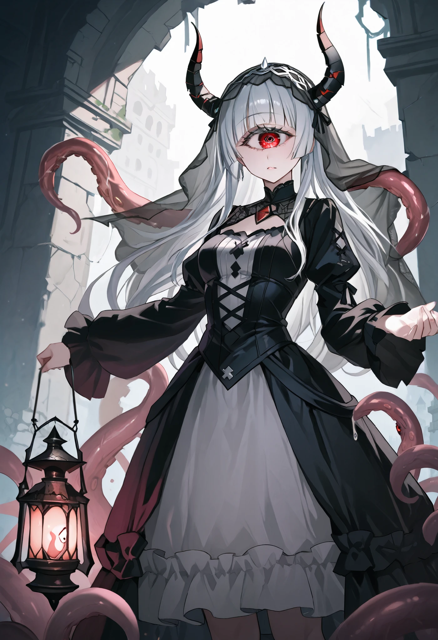 Two-headed woman. ((Twin heads)) ((Cyclops Eye)) Silver hair. Long hair. Gothic dress. Black and white dress. Horns on her head. Mono-eye. Veil. Tentacles from behind. Tentacles with mouths. Lantern. A broken castle. Ruins.