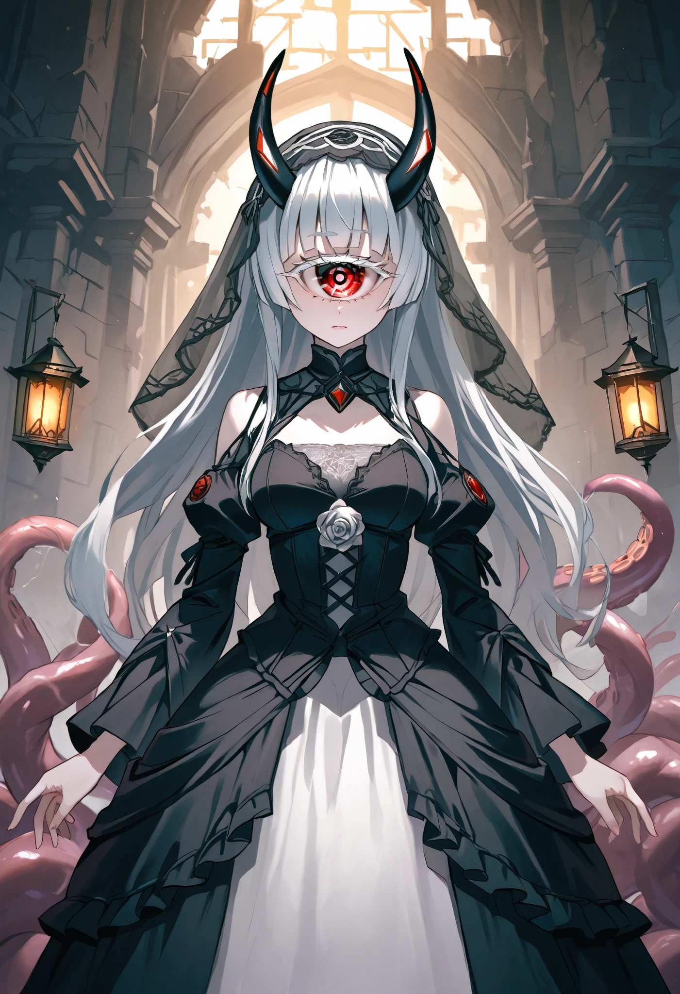 Two-headed woman. ((Twin heads)) ((Cyclops Eye)) Silver hair. Long hair. Gothic dress. Black and white dress. Horns on her head. Mono-eye. Veil. Tentacles from behind. Tentacles with mouths. Lantern. A broken castle. Ruins.