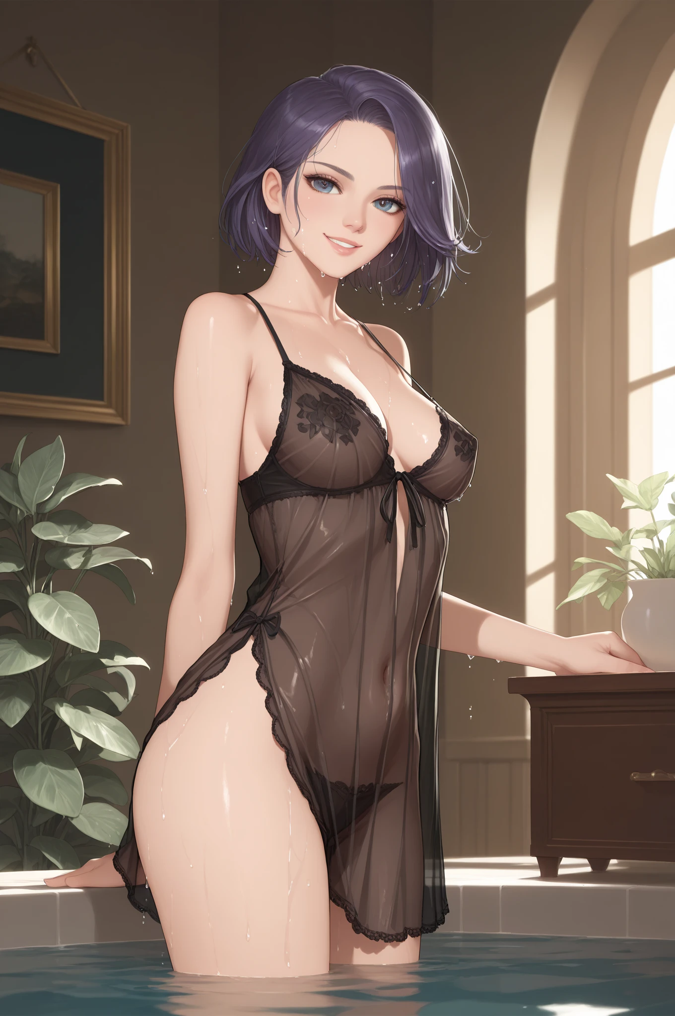 ((faux traditional media)+(best illustration+masterpiece+best quality+detailed light+best illumination)+(beautiful detailed eyes)+(beautiful skin+white skin)):1, Remove extra legs, Remove extra feet, Remove extra hands, Correct anatomy, 2-girls, Extremely detailed, black hair, bangs, short hair, blue hair, blurry, blurry_background, red eyes, flatchest, barefoot, modelling, standing on toes, blurry, blurry_background, blurry_foreground, depth_of_field, indoors, lips, looking_at_viewer, naked_shirt, on_bed, open_clothes, open_shirt, pillow, shirt, shirt falling off of shoulders and arms, short_hair, sitting, white_shirt, unbuttoned shirts, sexually suggestive, see-through full transparent shirt, nsfw, wide hip, groin, cleavage, showing feet, showing back to viewer, showing off hips and back side, sexy pose, seductive poses, sexy body, tasty hips, tasty feet, big breasts, perfect drawing, armpits, cleavage.