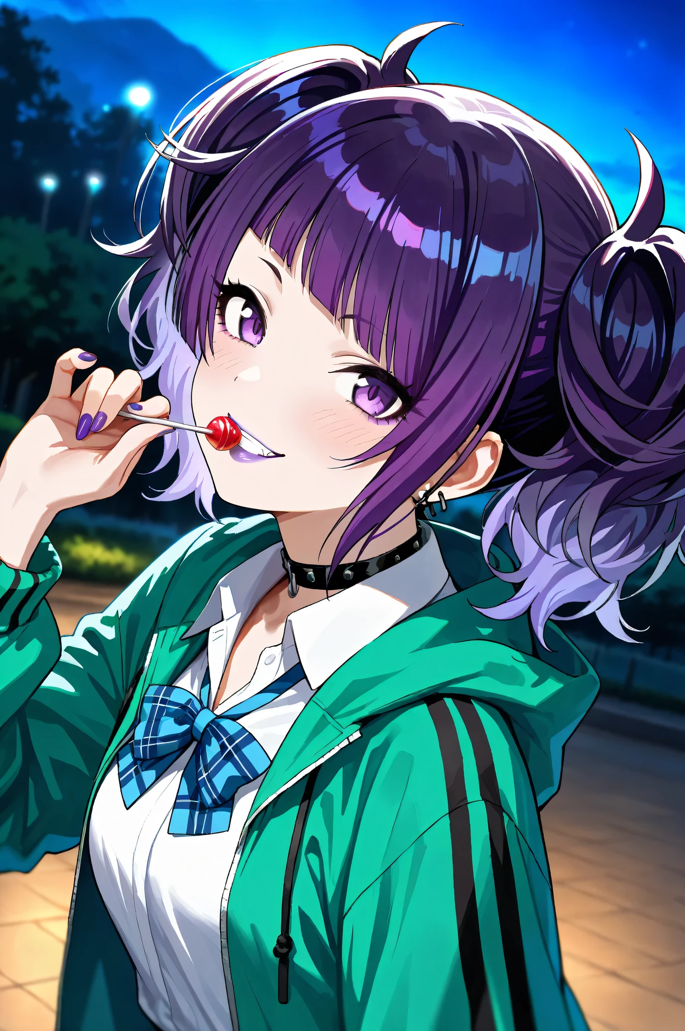 (Masterpiece:1.2), (Highest quality:1.1), (Very detailed),
(The best shape), (Best shadow), (Absurd),
(Detailed Background), (So beautiful), Shiny,
Beautiful eyes in every detail, Extraordinary, Countershading, 8k, 32K, High resolution,
Very Detailed CG ,
Score_9, Score_8_up, Score_7_up, Source_anime,
(Pastel painting:1.2), (Watercolor painting:1.2),
(Masterpiece, Detailed:1.2), (Foreshortening:1.2),
Cinematic, Dramatic, (Depth of field:1.4),
(Blurry background:1.4), (Realistic background:1.4),
1 girl, Solo, Dynamic angle, from side,
Nature, Park, Night,
Tanaka Mamimi,
the idolmaster shiny colors,
tnkmmm, purple hair, short twintails, blunt bangs, diagonal bangs, purple eyes, medium breasts, small breasts,
(School uniform:1.3),
Open hoodie, Green hoodie, Solid hoodie,
Collared shirt, Long sleeve shirt, White shirt,
Indigo ribbon, Butterfly ribbon,
Choker, Purple nail,
(Blush:1.3),
Portrait, Upper body,(Close up shot:1.4),
Looking at viewer,
Smile, Evil smile,
(Focus on mouth:1.2), (Purple lips:1.1),
Realistic skin, Shiny skin,
Holding a lollipop,