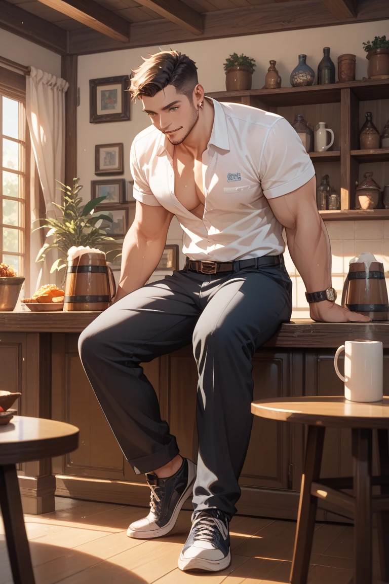 (hyperrealistic), (illustration), (high resolution), (8K), (extremely detailed), (best illustration), (handsome detailed eyes), (best quality), (super detailed), (masterpiece), (wallpaper), (detailed face), solo, (dynamic pose), 1 boy, white wavy short hair on the chair, korean, heterochromic eyes, small moles under the eyes, ((short apron)), long legs, tightens abs, (big bulge), male, naked