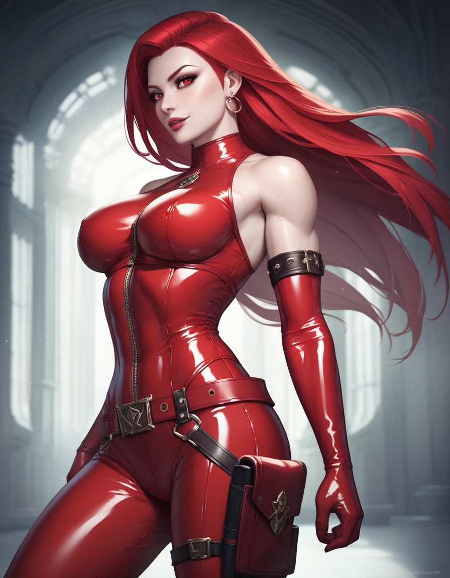 Full body, realistic, (1 beautiful woman, solo: 1.1), big breasts, red hair, red dress, red elbow gloves, red high heel boots
