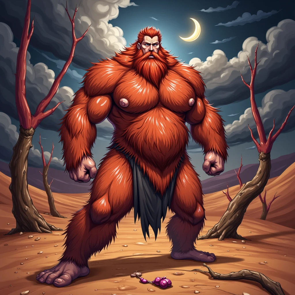 man, age 60, Red hair, red beard, long beard, thick and strong, big belly, thick body hair, Thick chest hair, thick pubic hair, naked, small, standing in the forest, big trees, nature,
