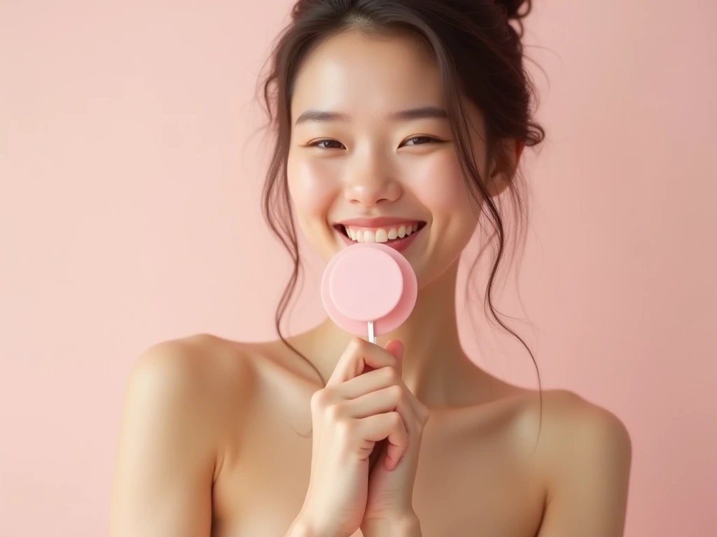  image of an Indonesian woman sweating wearing a white t-shirt while holding a pink spiked massager. Her cheeks and nose were covered in a milky liquid.. Index finger touches lips, The woman smiled slightly while closing her eyes as if she was imagining something delicious..