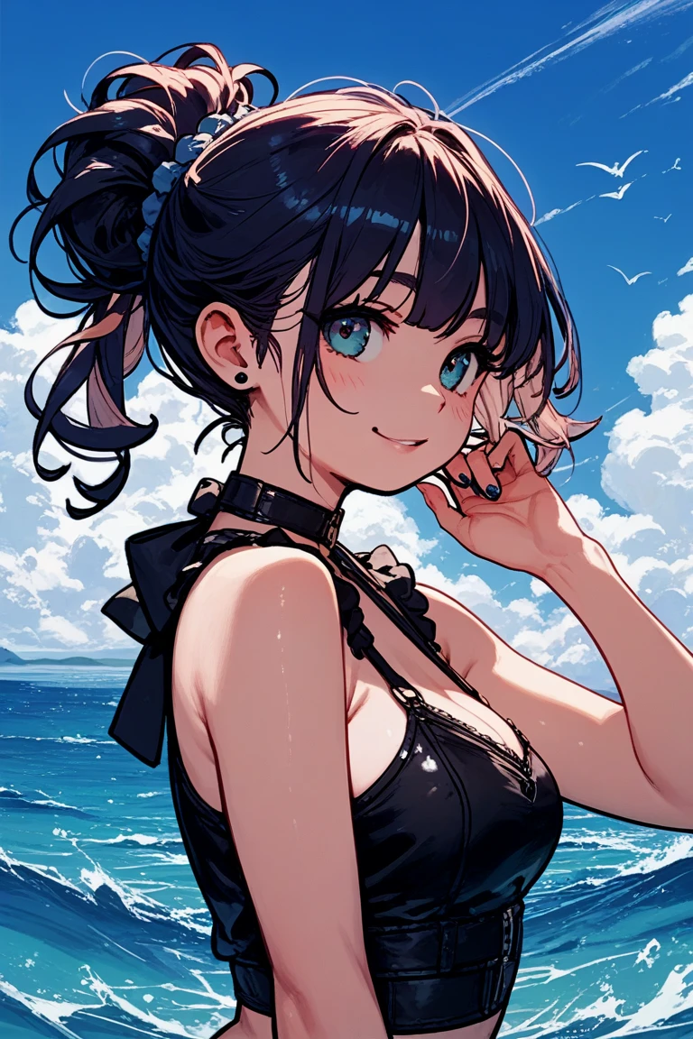 Japanese woman with fair skin and messy short hair outdoors,bikini, Super cute, soft face, brown hair, 8K resolution, Surrealism, super clear,((Highest definition, 8k, masterpiece: 1.3)), super clear Face, super clear Lips, beautiful eyes, Double eyelids in soft color, vector style, Y2K hoodie,Speechless, Only pictures,dog ears,simple background
