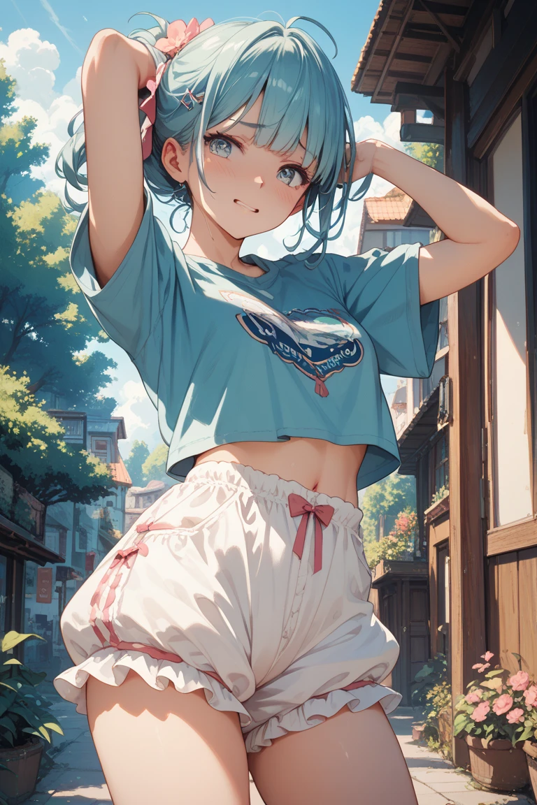 masterpiece, beautiful, 4k, detailed, intricate details, , shota, overalls, jean overalls, cuffed overall,  long ponytail turquoise hair, ((??turquoise hair)), (((red eyes)),  smile, slight smile, 1boy, young delicate prince, shirtless, overalls over skin, bare shoulders, bare sleeves, bare arms, facing forward, side cut, torso shown, leaning forward, flat chest,(nsfw:0.55), ((flat chested, flat stomach, baby face)), (intense colors)
