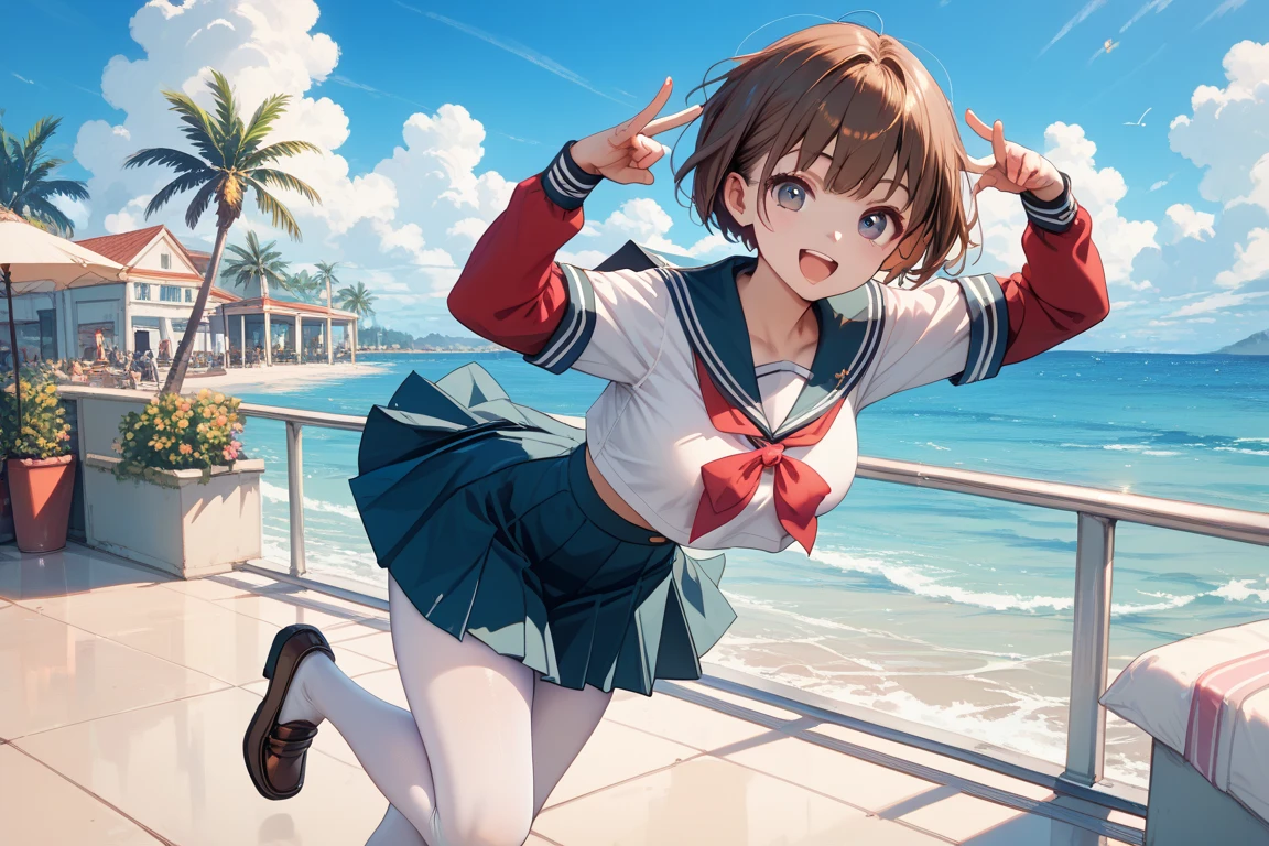 1teen_ girl, loli, brown_hair, medium_bob_hair, blue_midriff_baring_sailor_uniform, mini_skirt, short_sleeve, thighs, large_, angry, smile, open_mouth, standing, harbor_background, slightly_ spread_legs, happiness, NSFW, short_gloves
