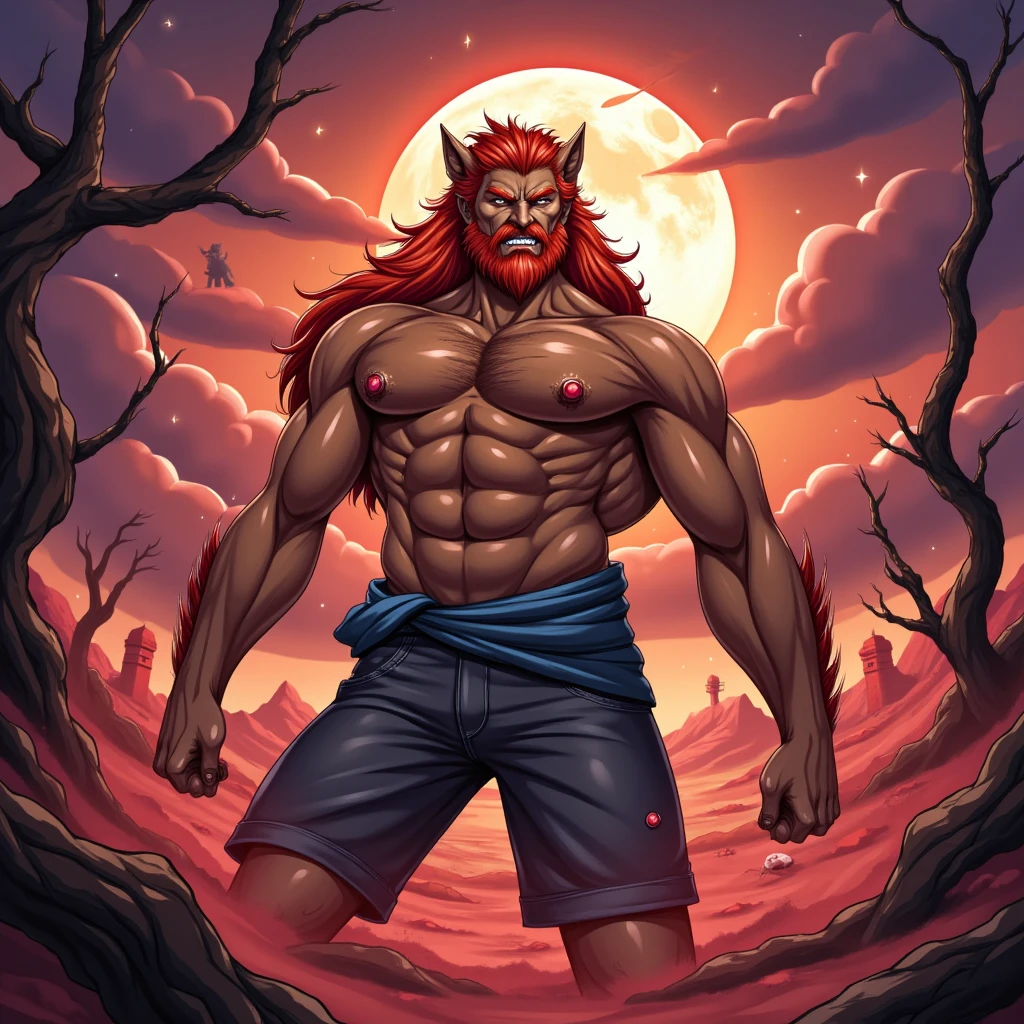 side-scroller video game, score_9, score_8_up, score_7_up, score_6_up, source_game\(Nine Sols\), perfect anatomy, perfect proportions, best quality, masterpiece, high-resolution, high quality, aesthetic, absurdres, (male focus), solo male, Jie Quan \(Nine Sols\), colored skin, red skin, black hair, long hair, red eyes, colored sclera, black sclera, white eyebrow, long eyebrow, cat ears, facial hair, beard, fangs, nude, wet skin, sweat_drop, two-tone skin, bare chest, tube holes on body, adult, mature, masculine, manly, handsome, charming, alluring, standing, upper body, dutch angle, cowboy shot, fighting stance, partially submerged, smoke, fog, hidden crotch, hidden genitals<lora:EMS-446206-EMS:0.900000>