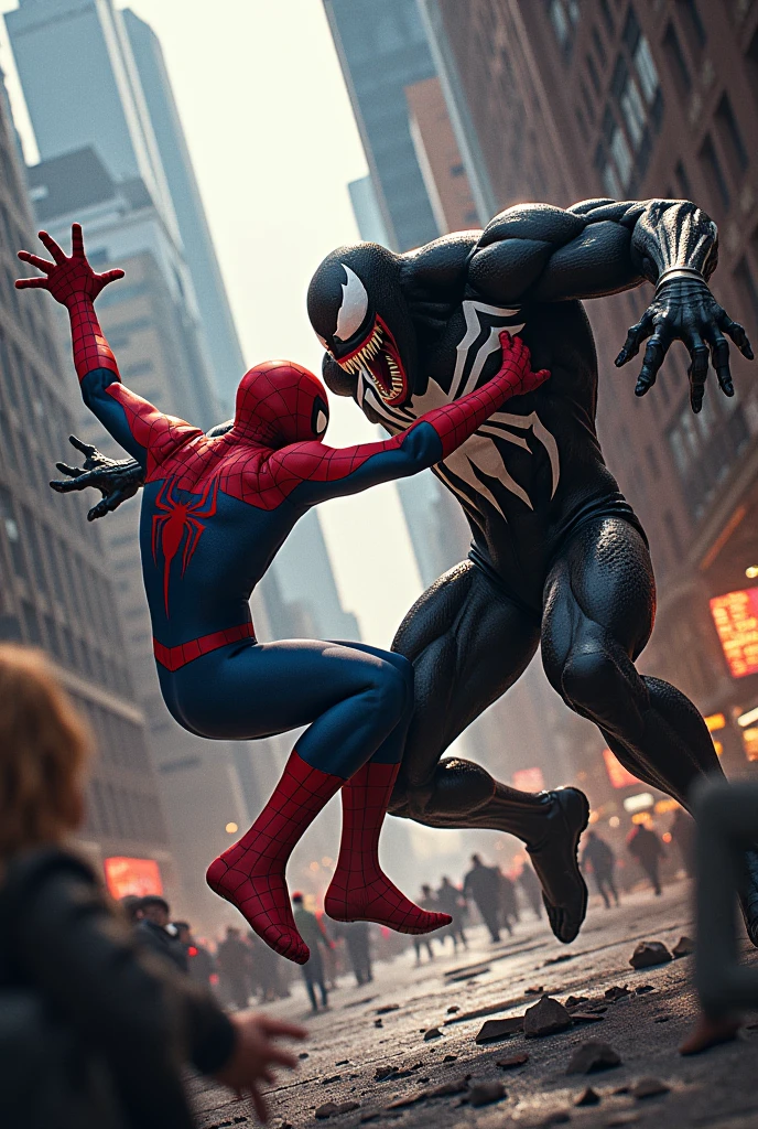 Spider-Man fighting Venom on top of a building