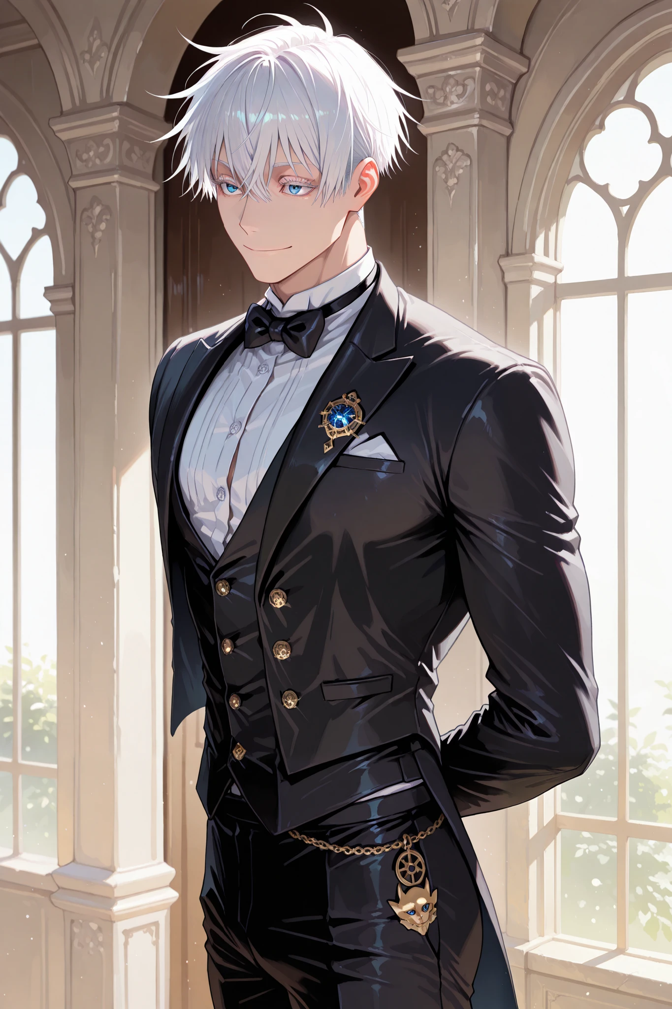 (masterpiece) , (highest quality) , (very detailed) , (the best shape) , (absurd) , (so beautiful) , (perfect anatomy), (perfect clear eyes), (from side) (from far away) 1 man, closed mouth, smile, Satoru Gojo, Jujustu kaisen, blue eyes, white hair, white undercut, short hair, white eyelashes, muscular, trained body, sexy man, handsome, black butler uniform, white shirt, black vest, black suit pants, black jacket, bows, standing, noble noble mansion, solo, alone