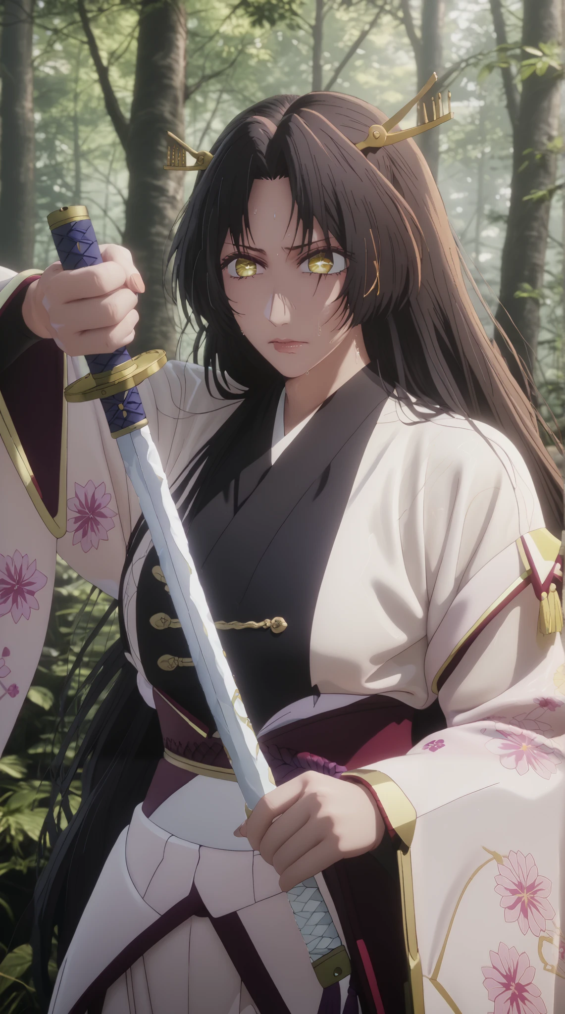 perfect eyes, perfect fingers, gasping, heavy breathing, excessive sweating, sweating, sweating profusely, gasping profusely, cinematic, ((skindentation)), ((curvy)), dominique de sade, long hair, black hair, parted bangs, yellow eyes, bright pupils, ((flabby stomach)), plump, BREAK 3d, semi-realism, cgi, Hand drawn, cinematic, Sharp focus, humorous illustration, big depth of field, Masterpiece, concept art, trending on artstation, Vivid colors, Simplified style, trending on ArtStation, trending on CGSociety, Intricate, Vibrant colors, Soft Shading, Simplistic Features, Sharp Angles, Playful, excessive sweating, sweating profusely, sweating drop BREAK, pointing breasts, 1girl, weapon, japanese_clothes, sword, solo, unsheathing, holding, holding_weapon, katana, kimono, looking_at_viewer, forest, nature, holding_sword, sheath, haori, sleeves_past_wrists, outdoors, hakama, closed_mouth, black_kimono, long_sleeves, skirt, wide_sleeves, hakama_skirt, tree, glint