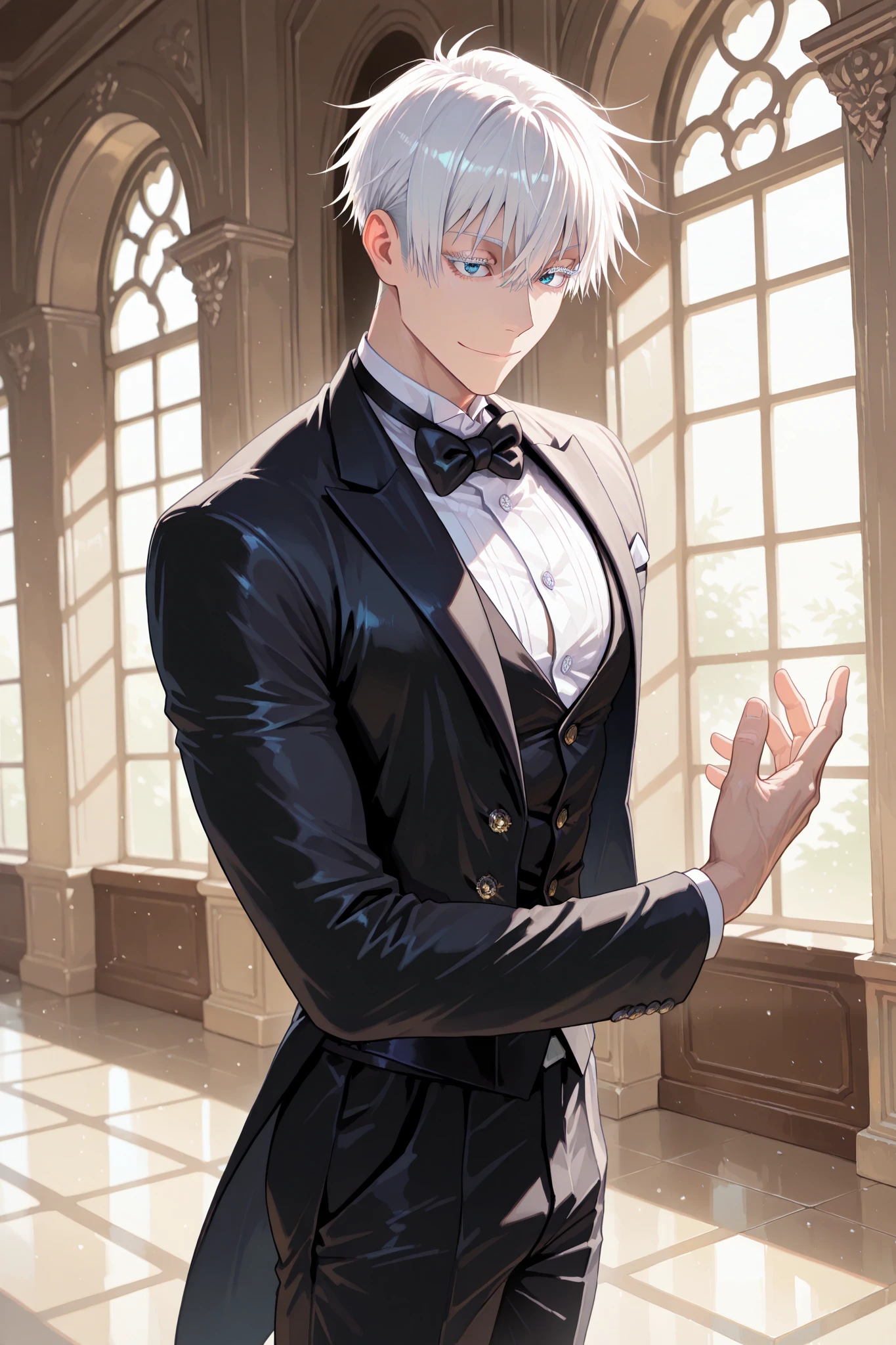 (masterpiece) , (highest quality) , (very detailed) , (the best shape) , (absurd) , (so beautiful) , (perfect anatomy), (perfect clear eyes), (from side) (from far away) 1 man, closed mouth, smile, Satoru Gojo, Jujustu kaisen, blue eyes, white hair, white undercut, short hair, white eyelashes, muscular, trained body, sexy man, handsome, black butler uniform, white shirt, black vest, black suit pants, black jacket, bows, standing, noble noble mansion, solo, alone