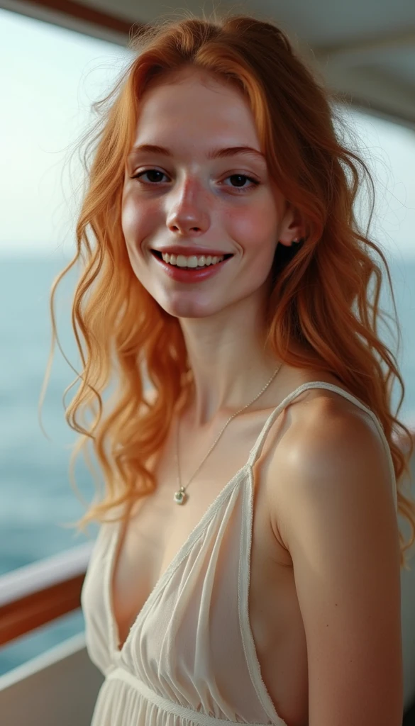 beautiful girl, cherry red hair, fair skin, smiling