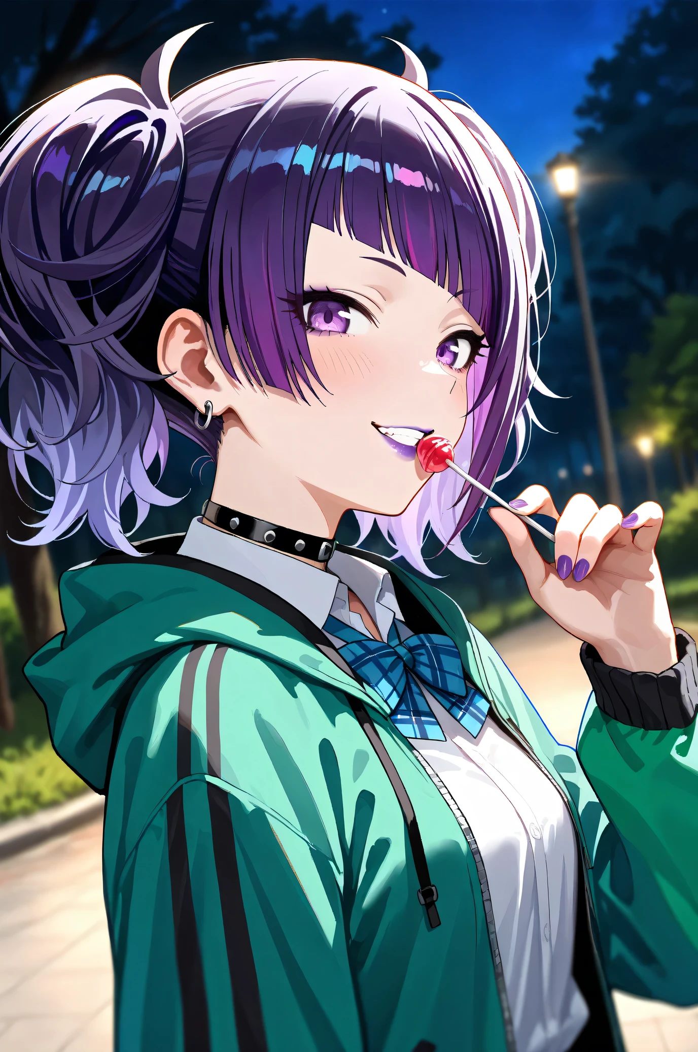 (Masterpiece:1.2), (Highest quality:1.1), (Very detailed),
(The best shape), (Best shadow), (Absurd),
(Detailed Background), (So beautiful), Shiny,
Beautiful eyes in every detail, Extraordinary, Countershading, 8k, 32K, High resolution,
Very Detailed CG ,
Score_9, Score_8_up, Score_7_up, Source_anime,
(Pastel painting:1.2), (Watercolor painting:1.2),
(Masterpiece, Detailed:1.2), (Foreshortening:1.2),
Cinematic, Dramatic, (Depth of field:1.4),
(Blurry background:1.4), (Realistic background:1.4),
1 girl, Solo, Dynamic angle, from side,
Nature, Park, Night,
Tanaka Mamimi,
the idolmaster shiny colors,
tnkmmm, purple hair, short twintails, blunt bangs, diagonal bangs, purple eyes, medium breasts, small breasts,
(School uniform:1.3),
Open hoodie, Green hoodie, Solid hoodie,
Collared shirt, Long sleeve shirt, White shirt,
Indigo ribbon, Butterfly ribbon,
Choker, Purple nail,
(Blush:1.3),
Portrait, Upper body,(Close up shot:1.4),
Looking at viewer,
Smile, Evil smile,
(Focus on mouth:1.2), (Purple lips:1.1),
Realistic skin, Shiny skin,
Holding a lollipop,