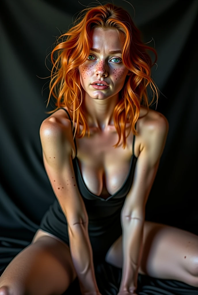 ((Anne Heche steht in ihrem Atelier)), ((schlanke junge Frau)), (kleiner Kopf), ((natural skin texture)), ((Bodypaint)), ((ihre Kleidung ist aufgemalt)), ((Airbrush)), ((small round breasts)), ((Freckles on the face and upper body)), (fotorealistisch), (Raytracing), (scharfer Fokus), ((es ist dunkel)), ((SmokeyEye)), ((Eyeliner)), ((full body))