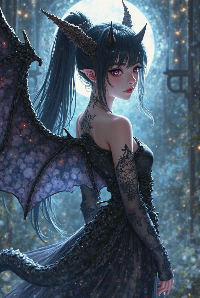 ((best quality)), ((masterpiece)), (detailed), alluring succubus, ethereal beauty, perched on a orange blossom tree, (fantasy illustration:1.3), enchanting gaze, captivating pose, solo girl, delicate wings, otherworldly charm, mystical sky, (Luis Royo:1.2), (Yoshitaka Amano:1.1), moonlit night, soft colors, (detailed cloudscape:1.3), (high-resolution:1.2) (dragon flying in the sky)