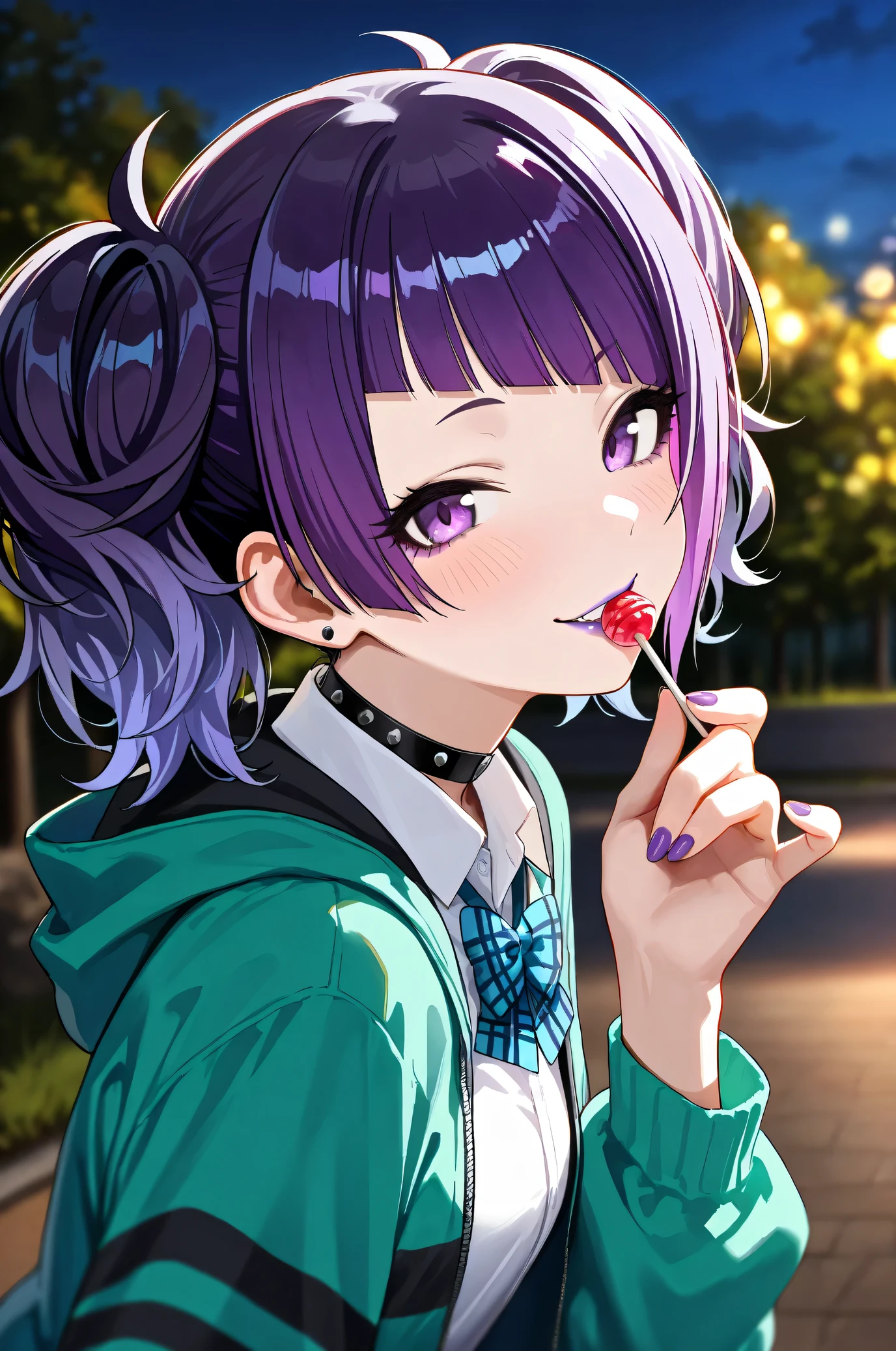 (Masterpiece:1.2), (Highest quality:1.1), (Very detailed),
(The best shape), (Best shadow), (Absurd),
(Detailed Background), (So beautiful), Shiny,
Beautiful eyes in every detail, Extraordinary, Countershading, 8k, 32K, High resolution,
Very Detailed CG ,
Score_9, Score_8_up, Score_7_up, Source_anime,
(Pastel painting:1.2), (Watercolor painting:1.2),
(Masterpiece, Detailed:1.2), (Foreshortening:1.2),
Cinematic, Dramatic, (Depth of field:1.4),
(Blurry background:1.4), (Realistic background:1.4),
1 girl, Solo, Dynamic angle, from side,
Nature, Park, Night,
Tanaka Mamimi,
the idolmaster shiny colors,
tnkmmm, purple hair, short twintails, blunt bangs, diagonal bangs, purple eyes, medium breasts, small breasts,
(School uniform:1.3),
Open hoodie, Green hoodie, Solid hoodie,
Collared shirt, Long sleeve shirt, White shirt,
Indigo ribbon, Butterfly ribbon,
Choker, Purple nail,
(Blush:1.3),
Portrait, Upper body,(Close up shot:1.4),
Looking at viewer,
Smile, Evil smile,
(Focus on mouth:1.2), (Purple lips:1.1),
Realistic skin, Shiny skin,
Holding a lollipop,