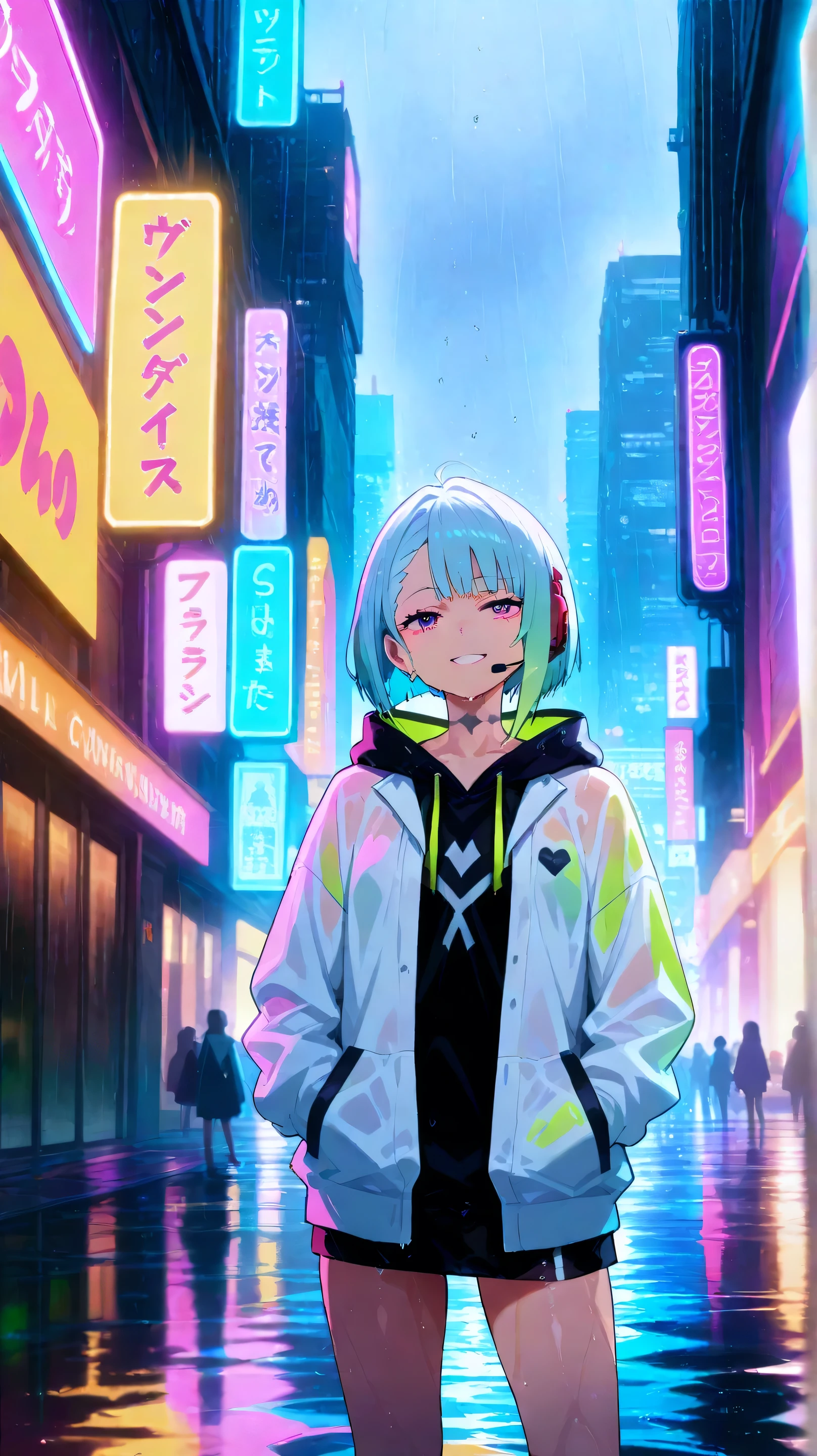 An anime girl stands in the rain in a bright urban with neon lights. He wears an oversized hoodie jacket, his hair is slightly wet from the rain, and he wears a large headset with futuristic design. Raindrops reflect the light from the city lights, creates a cool cyberpunk atmosphere. Her expression is calm , enjoying music in the middle of the city hustle. The background is filled with tall buildings, colorful billboard, and the wet streets reflect light.
