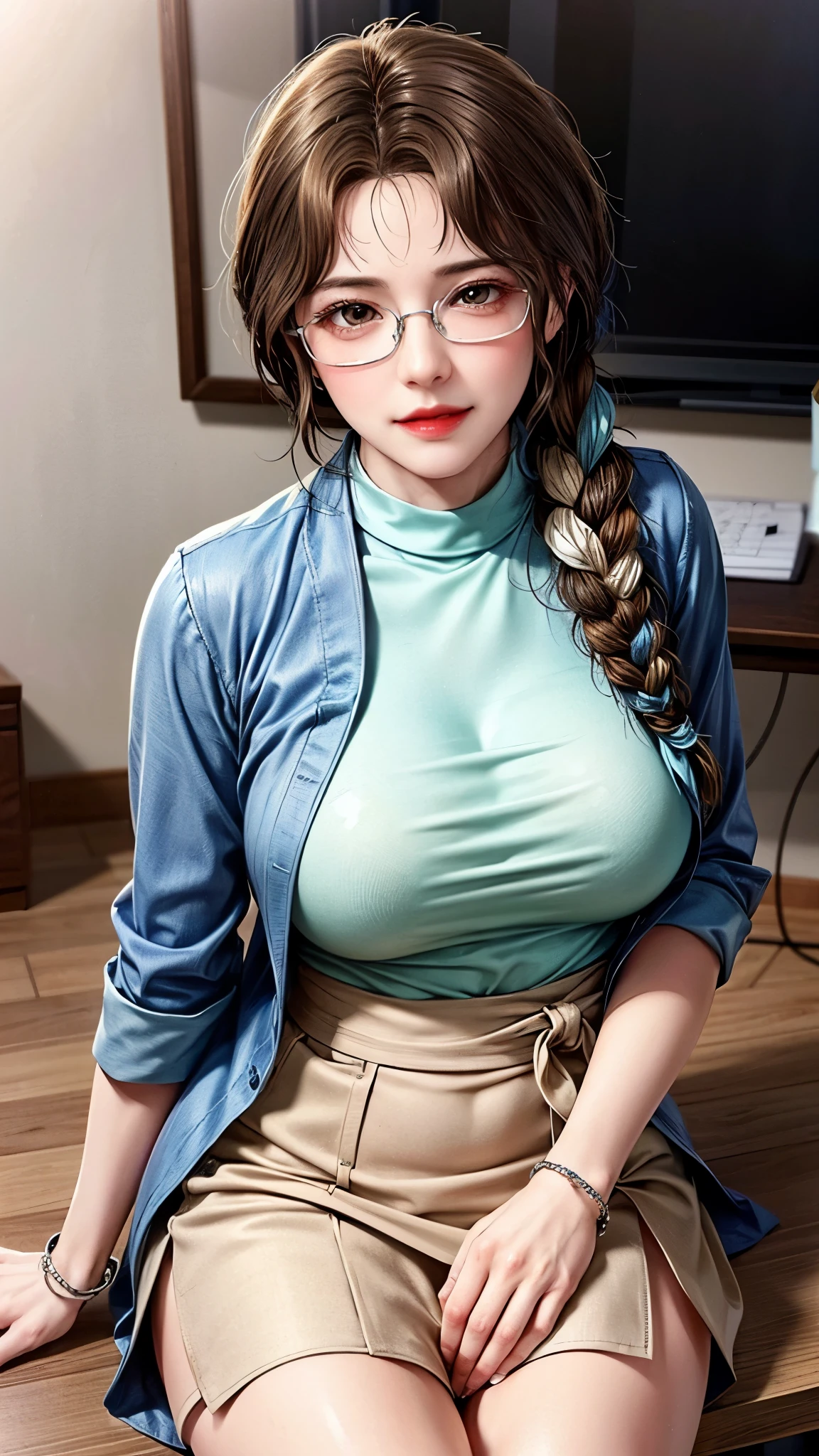 Professional, High level of detail, close up photo (attractive mature 45yo woman:1.3),ray tracing, natural lighting, (blushing:1.1 ), (classy, Elegant, dandy)1.2, (transparent colour), perfect face, white flower kimono neck covered, flower melton skirt, (((glasses, covered))), round breast, cleveage, Slim Face,(mature) , Pretty Lady, smile eyes, see full image, confused smile, bracelet, (at living room, crossing leg on desk), view from up front, crosing leg, loose hair,long-cut, loose hair