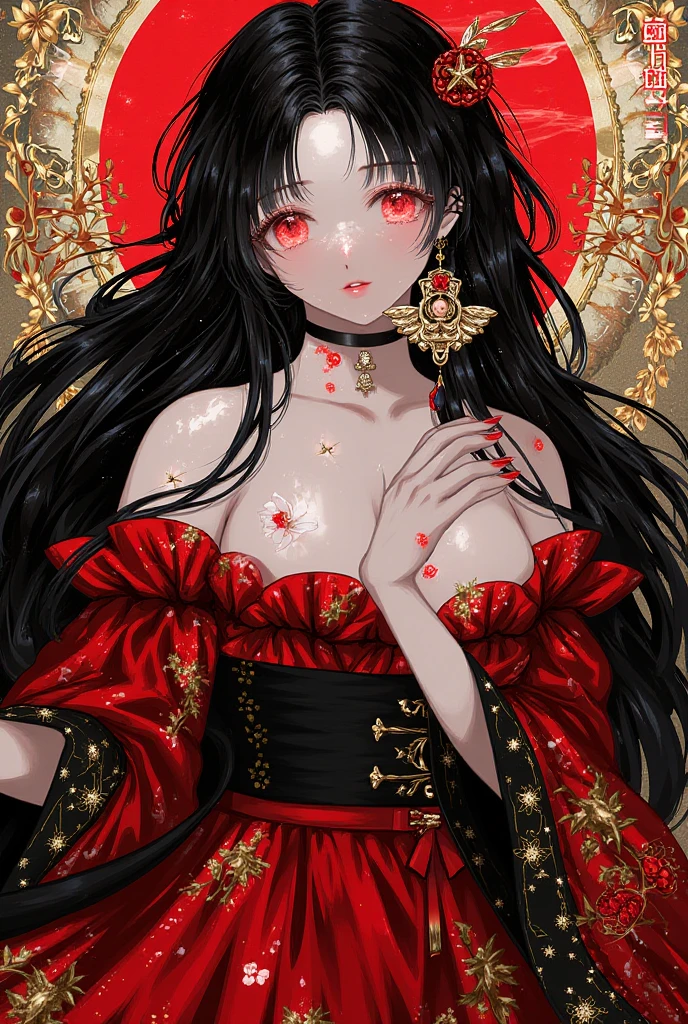 honey, (only), pale skin, long black hair, black horns up, black eyes, red eye shadow, red lipstick, basic dress, big breasts, awas, perverted smile, masterpiece, high high quality